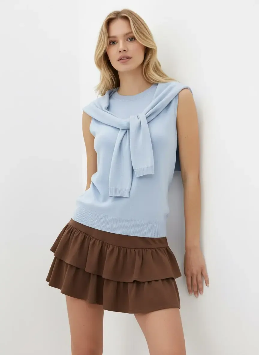 Kadın Bisiklet Yaka Kolsuz Atkılı Viskon Triko Kazak 12473.Vrt