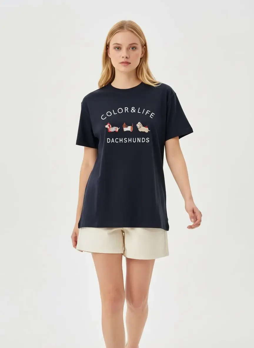 Kadın Bisiklet Yaka Nakış Detay Salaş Penye Bluz 26011