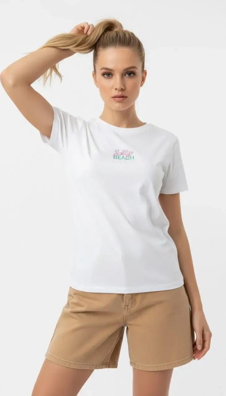 26015 %100 Pamuk Bisiklet Yaka Nakış İşlemeli Penye Bluz