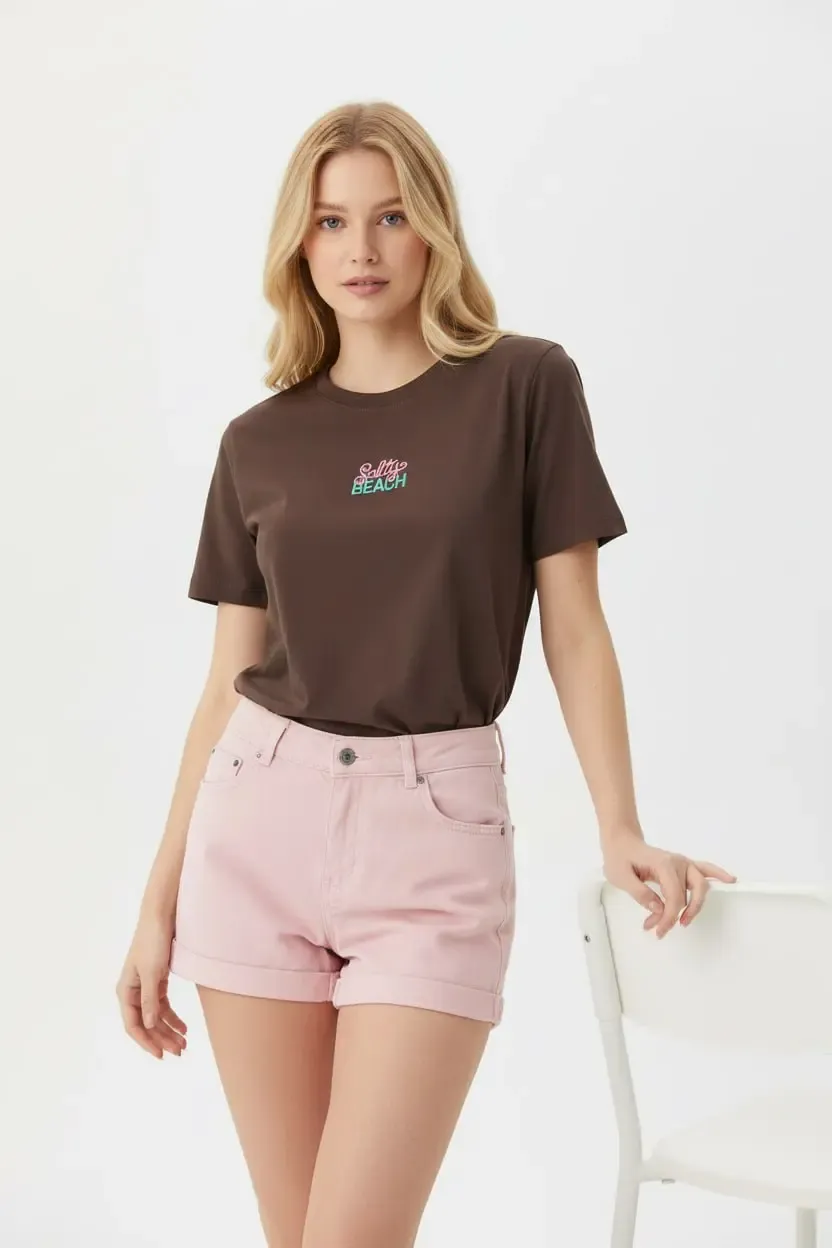 26015 %100 Pamuk Bisiklet Yaka Nakış İşlemeli Penye Bluz