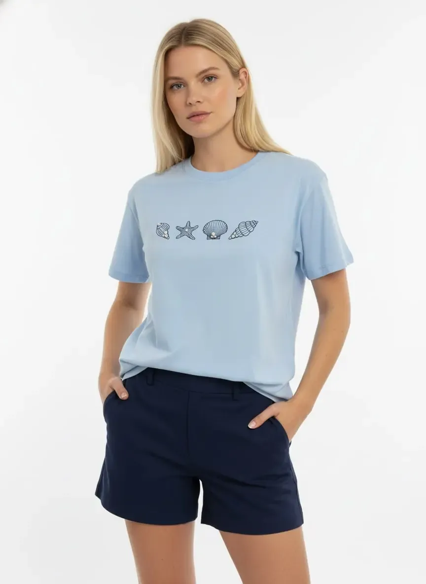 26027 %100 Pamuk Bisiklet Yaka Nakışlı İnci İşlemeli Penye Bluz