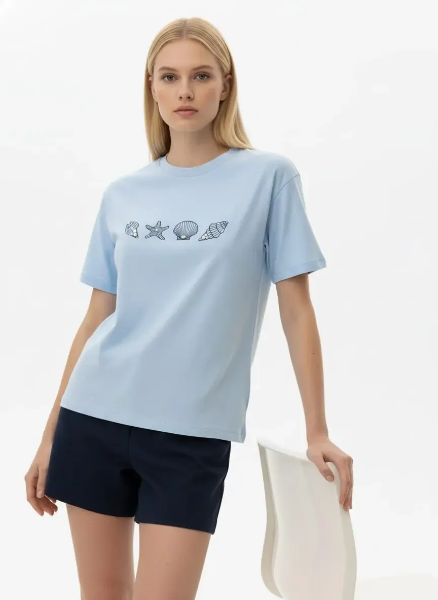 26027 %100 Pamuk Bisiklet Yaka Nakışlı İnci İşlemeli Penye Bluz