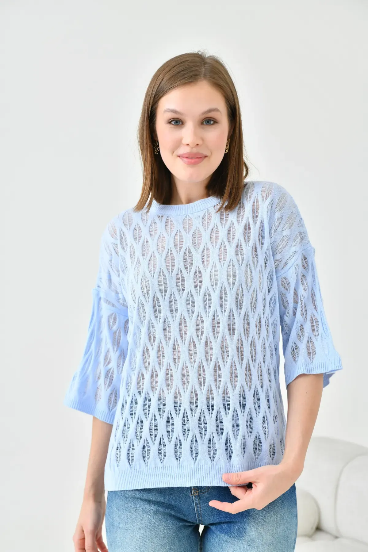 Kadın Bisiklet Yaka Örgü Detay Desenli Oversize Triko Kazak 10755