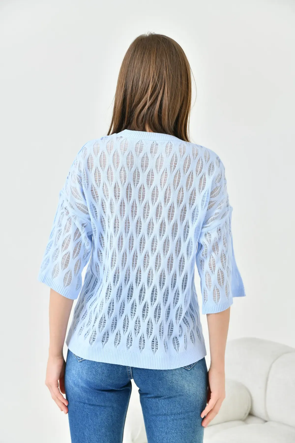 Kadın Bisiklet Yaka Örgü Detay Desenli Oversize Triko Kazak 10755