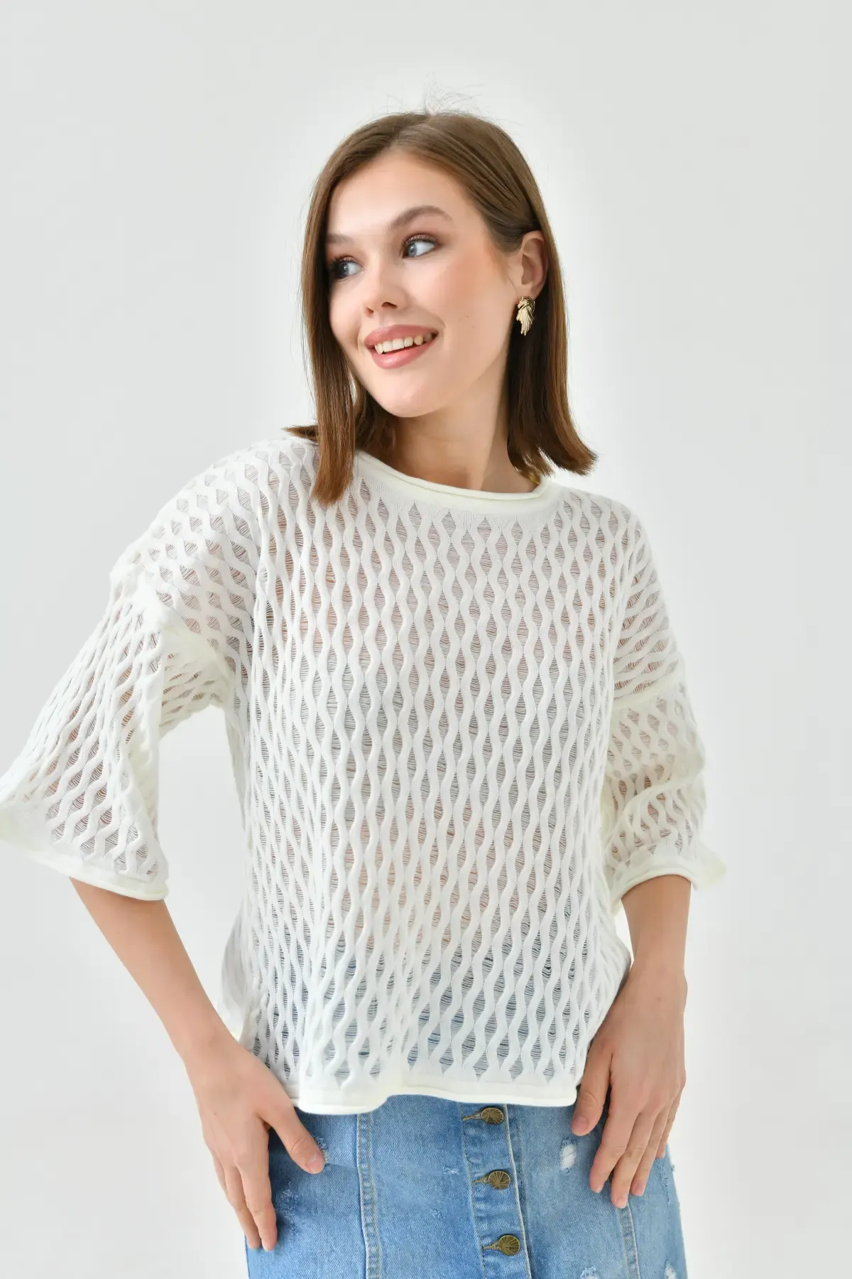 Kadın  Bisiklet Yaka Örgü Detay Triko Kazak 10720