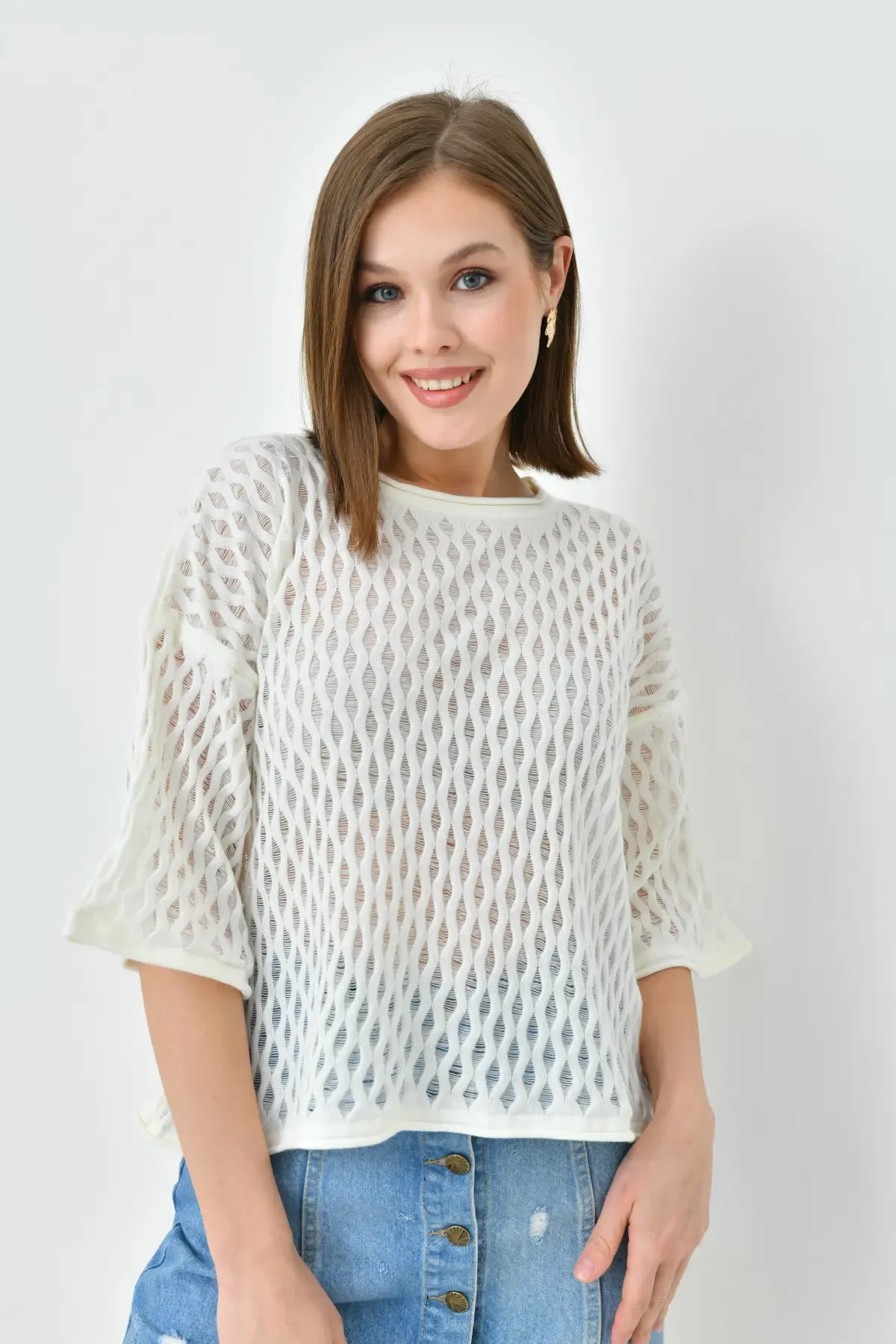 Kadın  Bisiklet Yaka Örgü Detay Triko Kazak 10720