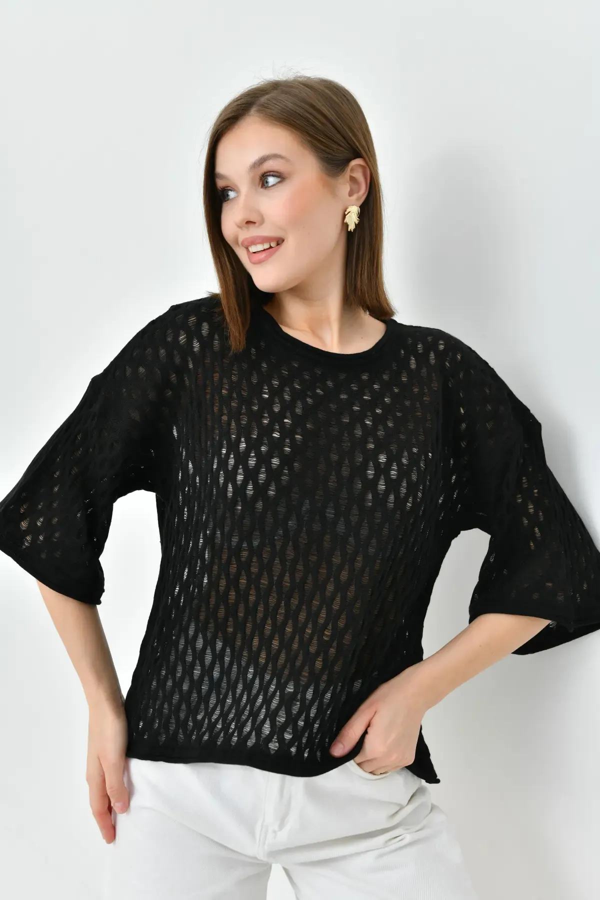 Kadın  Bisiklet Yaka Örgü Detay Triko Kazak 10720