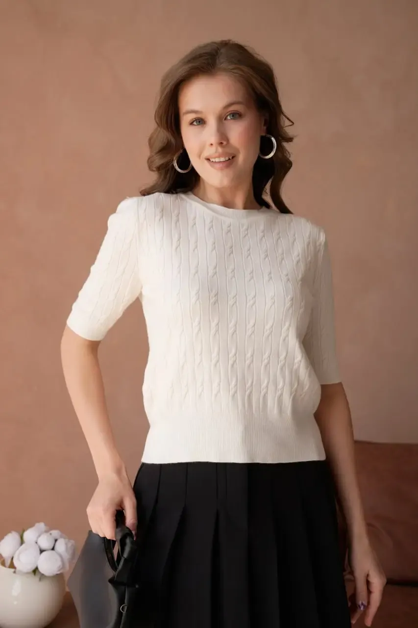 Kadın Bisiklet Yaka Saç Örgü Dokulu Premium İplik Triko Kazak 12140.Crs