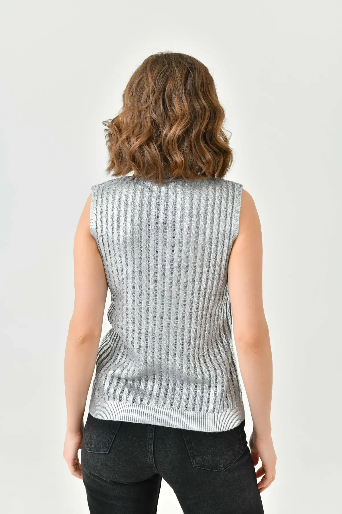 Kadın Bisiklet Yaka Saç Örgü Varaklı Triko Bluz 10741