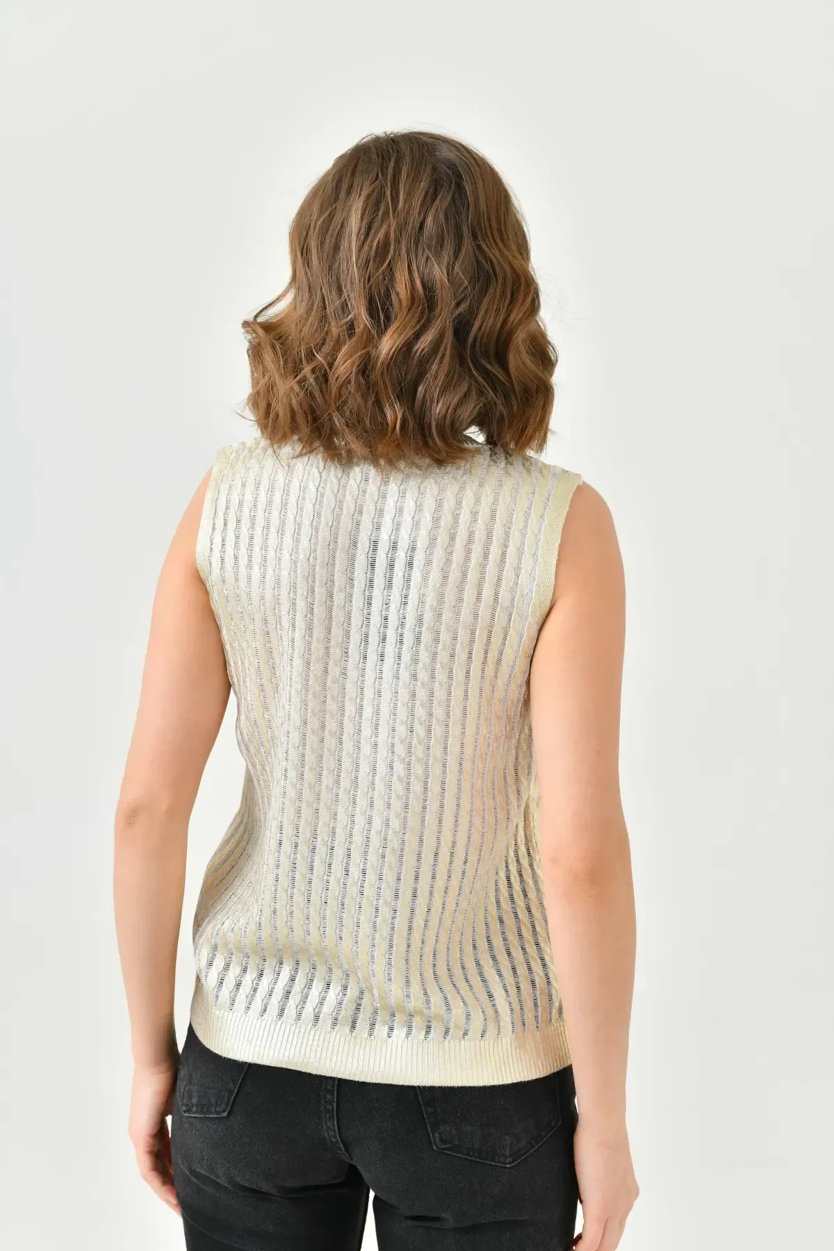 Kadın Bisiklet Yaka Saç Örgü Varaklı Triko Bluz 10741