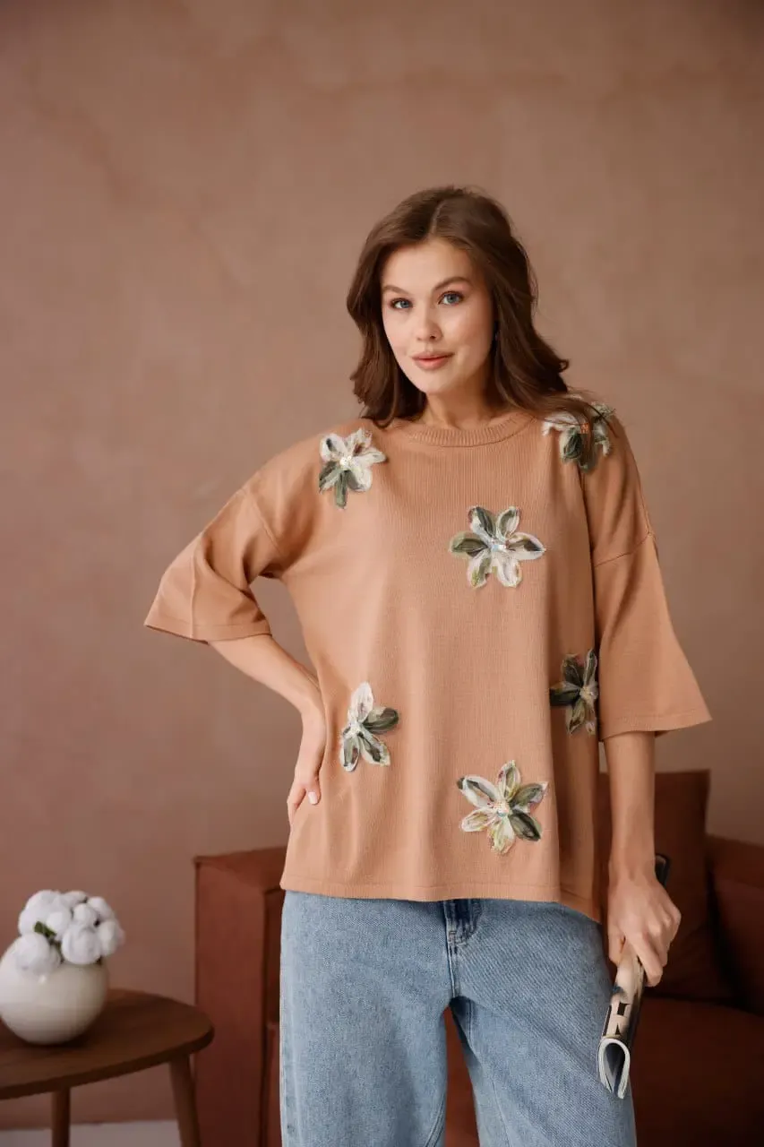 Kadın Bisiklet Yaka Yanları Yırtmaçlı Aplikeli Oversize Triko Kazak