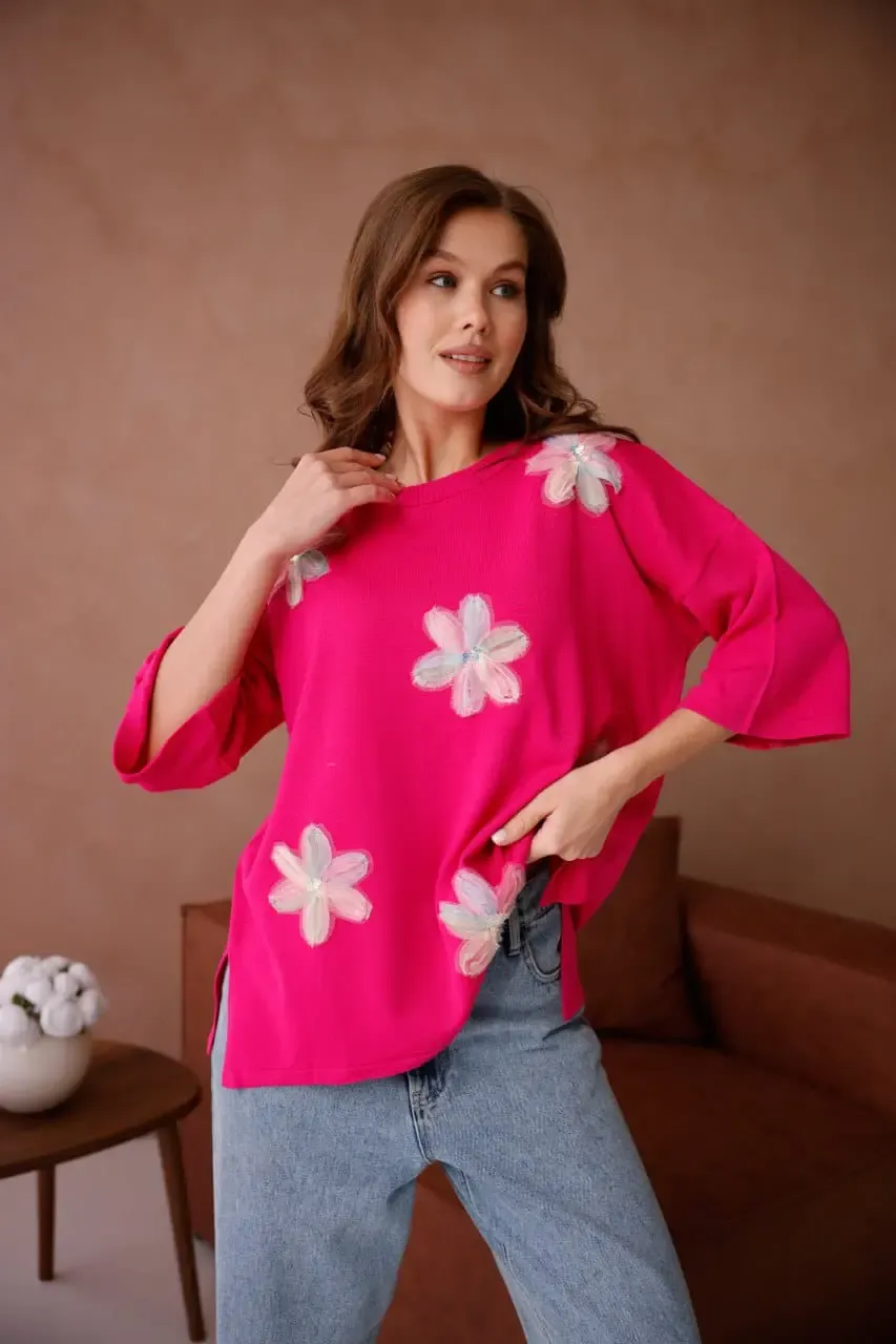 Kadın Bisiklet Yaka Yanları Yırtmaçlı Aplikeli Oversize Triko Kazak