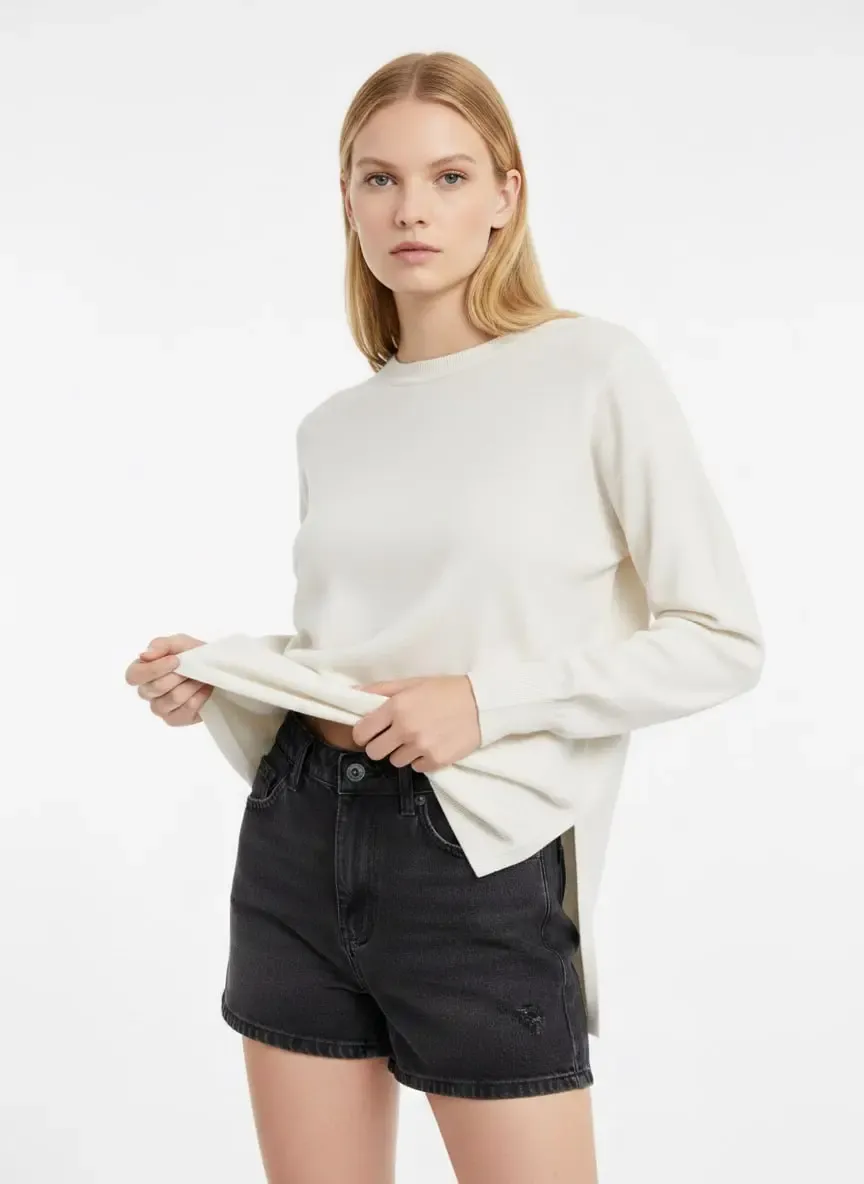 Kadın Bisiklet Yaka yanları Yırtmaçlı Premium İplik Salaş Triko Kazak 12410.Vrt