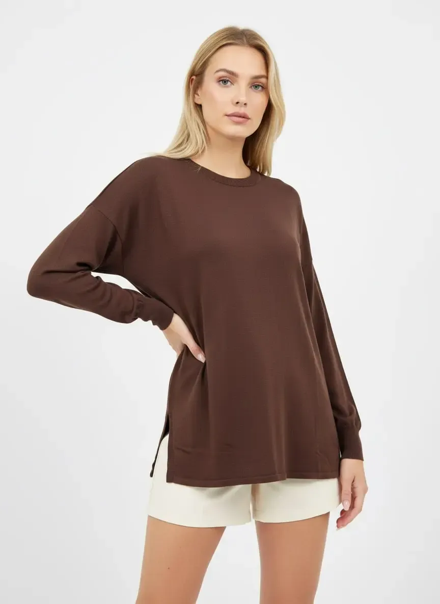 Kadın Bisiklet Yaka yanları Yırtmaçlı Premium İplik Salaş Triko Kazak 12410.Vrt