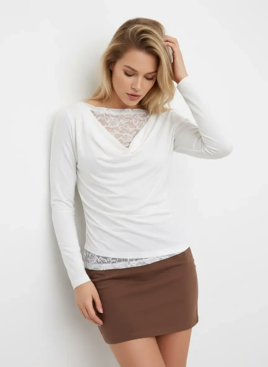 Kadın Degaje Yaka Dantel Detay Viskon Penye Bluz 13014