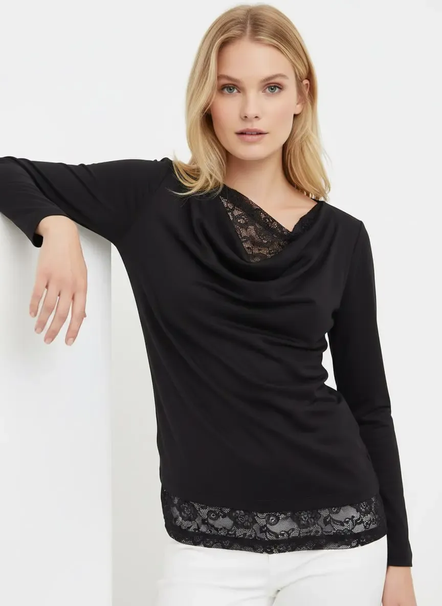 Kadın Degaje Yaka Dantel Detay Viskon Penye Bluz 13014
