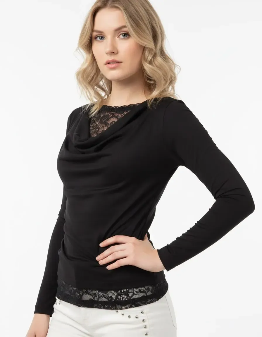 Kadın Degaje Yaka Dantel Detay Viskon Penye Bluz 13014