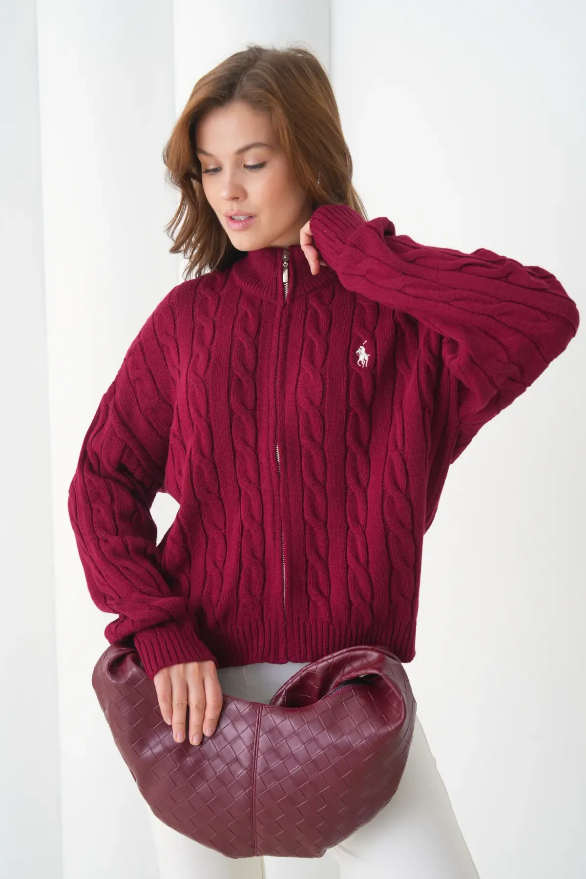 Kadın Dik Yaka Saç Örgü Fermuar Kapama  Triko Ceket 8687