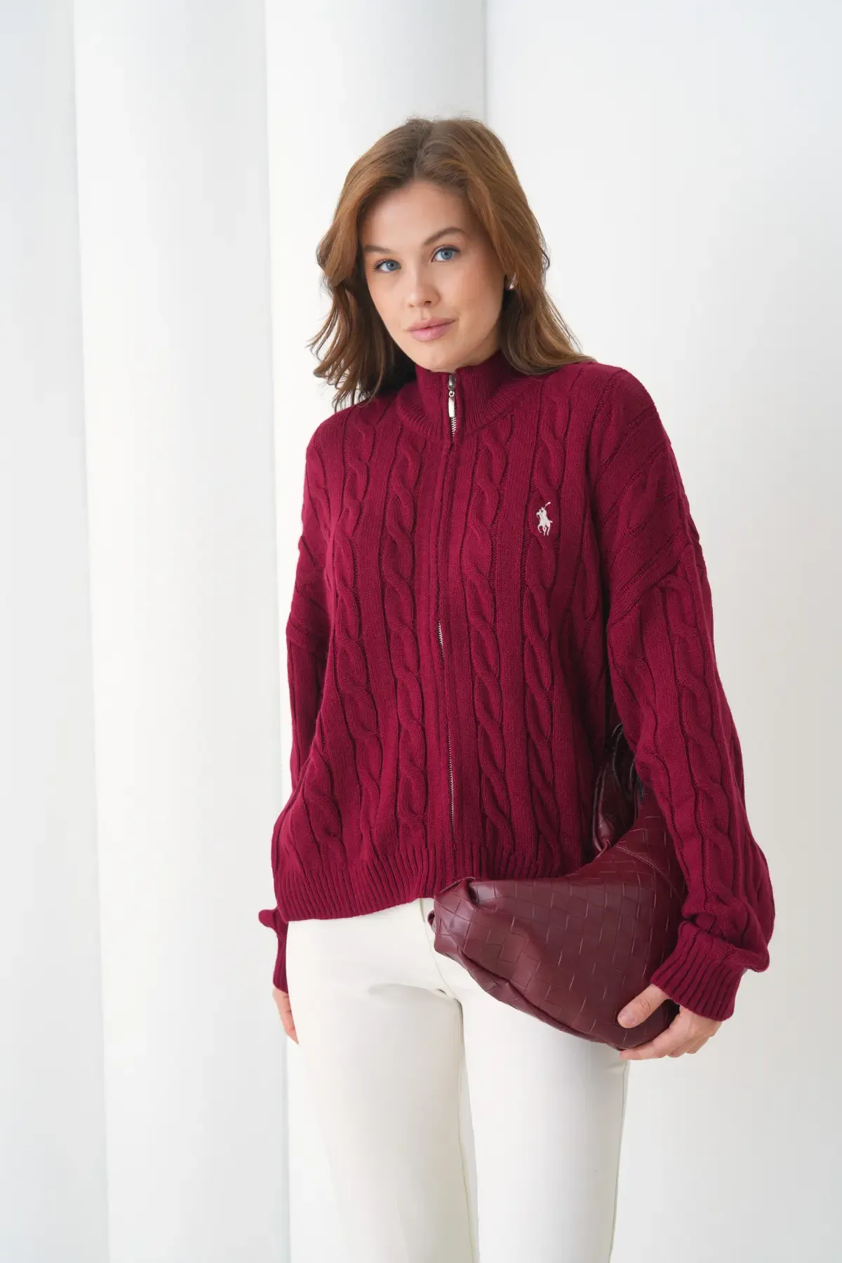 Kadın Dik Yaka Saç Örgü Fermuar Kapama  Triko Ceket 8687