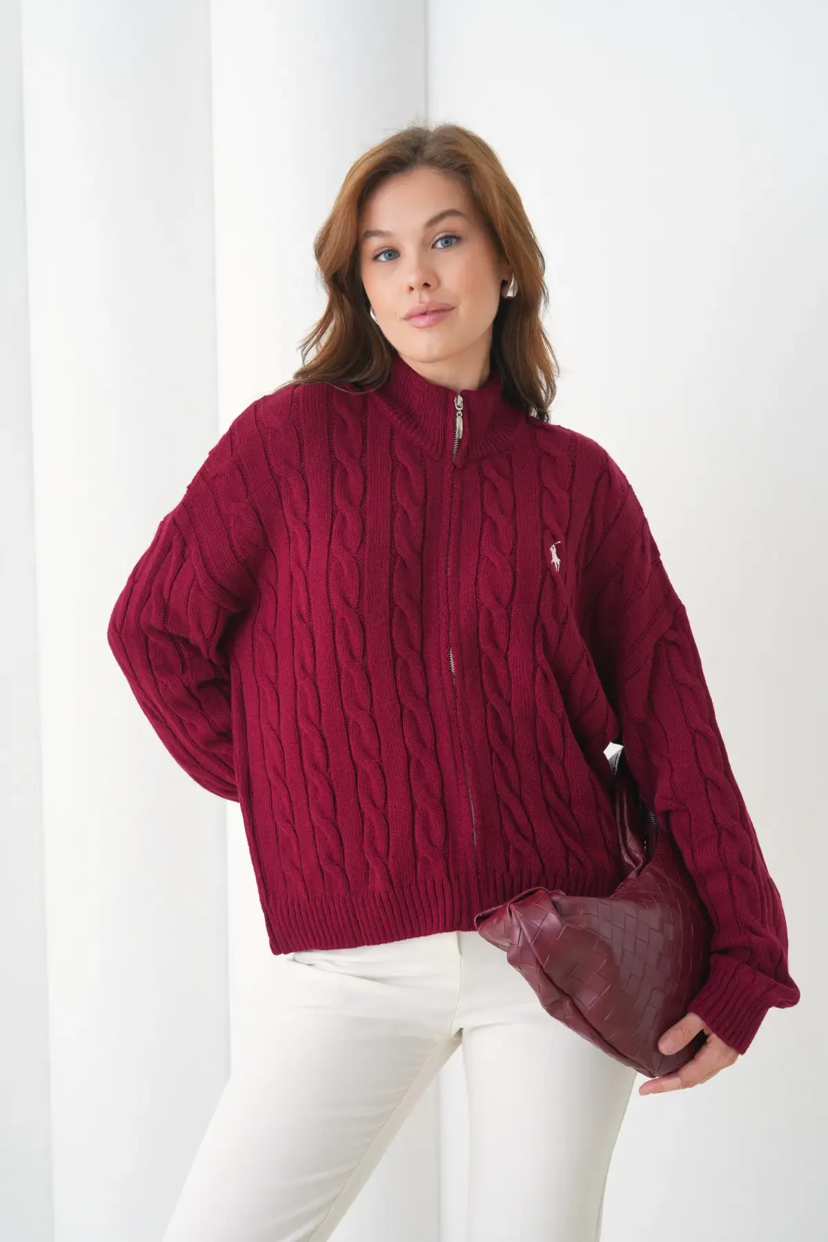 Kadın Dik Yaka Saç Örgü Fermuar Kapama  Triko Ceket 8687