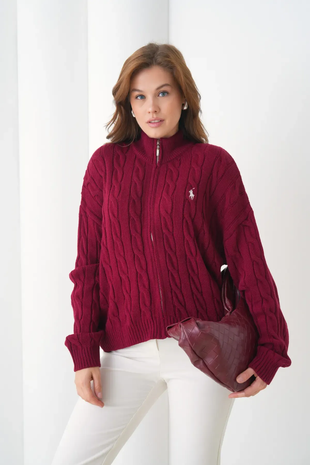 Kadın Dik Yaka Saç Örgü Fermuar Kapama  Triko Ceket 8687