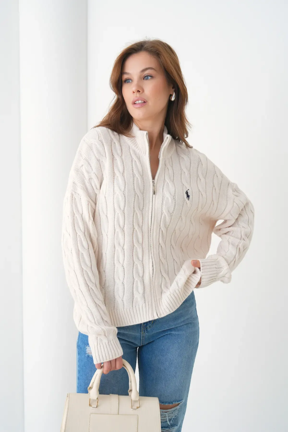 Kadın Dik Yaka Saç Örgü Fermuar Kapama  Triko Ceket 8687