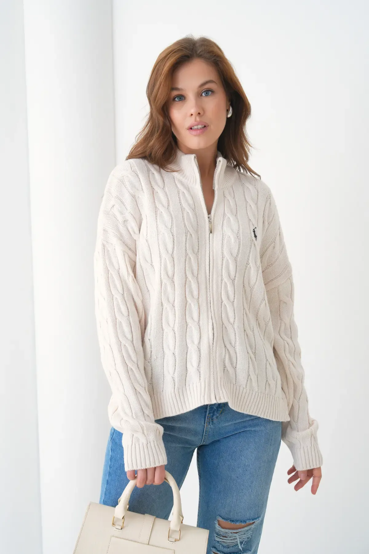 Kadın Dik Yaka Saç Örgü Fermuar Kapama  Triko Ceket 8687