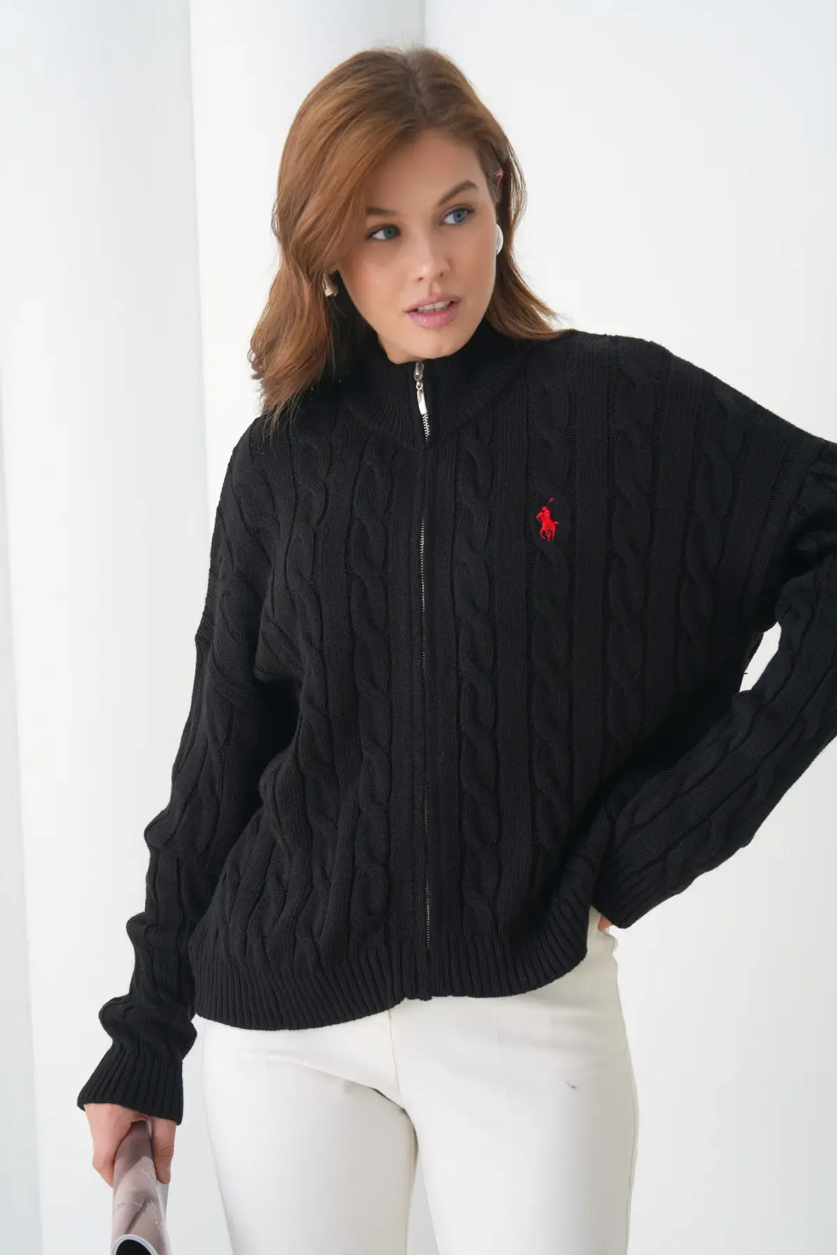 Kadın Dik Yaka Saç Örgü Fermuar Kapama  Triko Ceket 8687