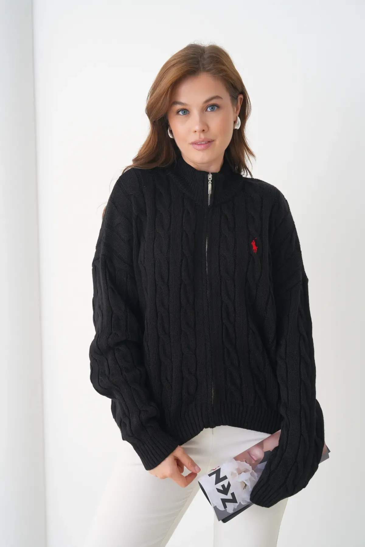 Kadın Dik Yaka Saç Örgü Fermuar Kapama  Triko Ceket 8687