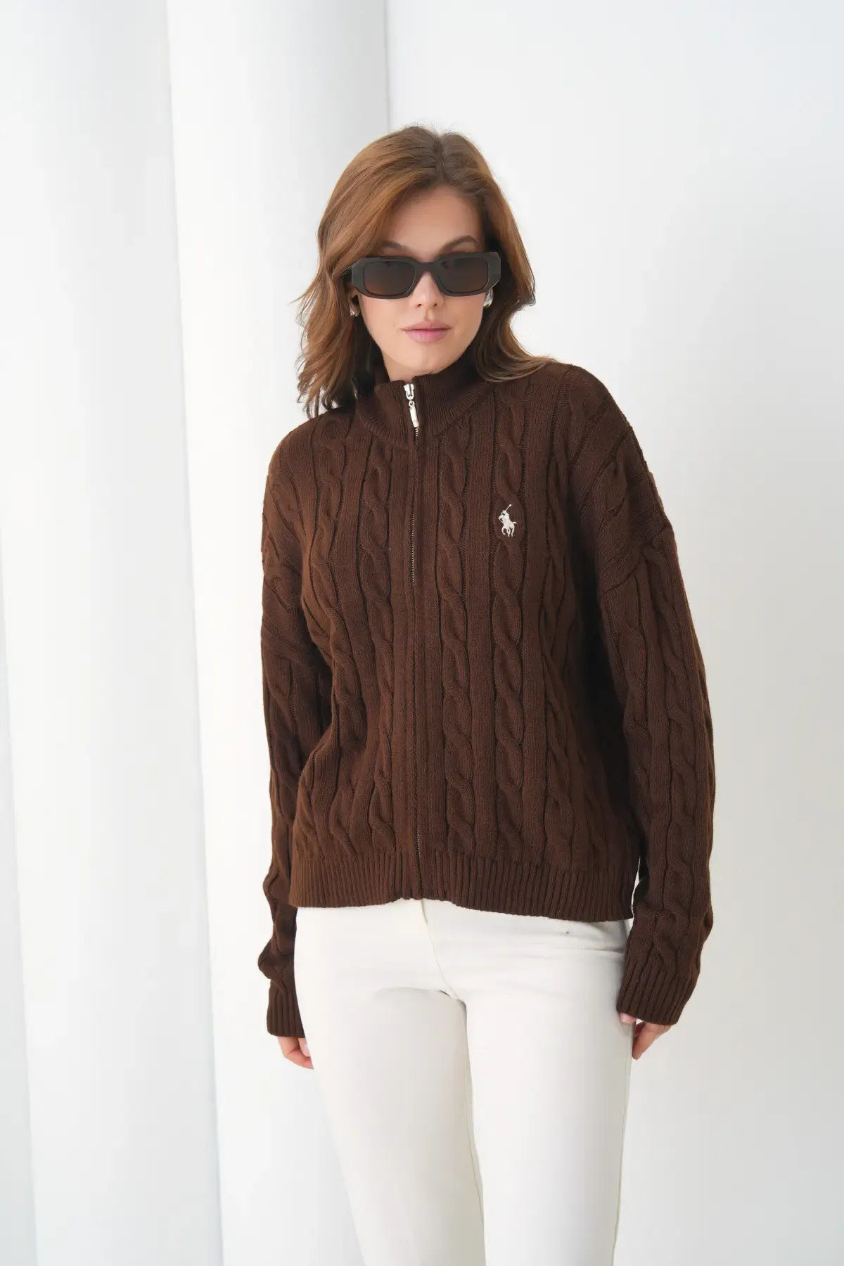 Kadın Dik Yaka Saç Örgü Fermuar Kapama  Triko Ceket 8687