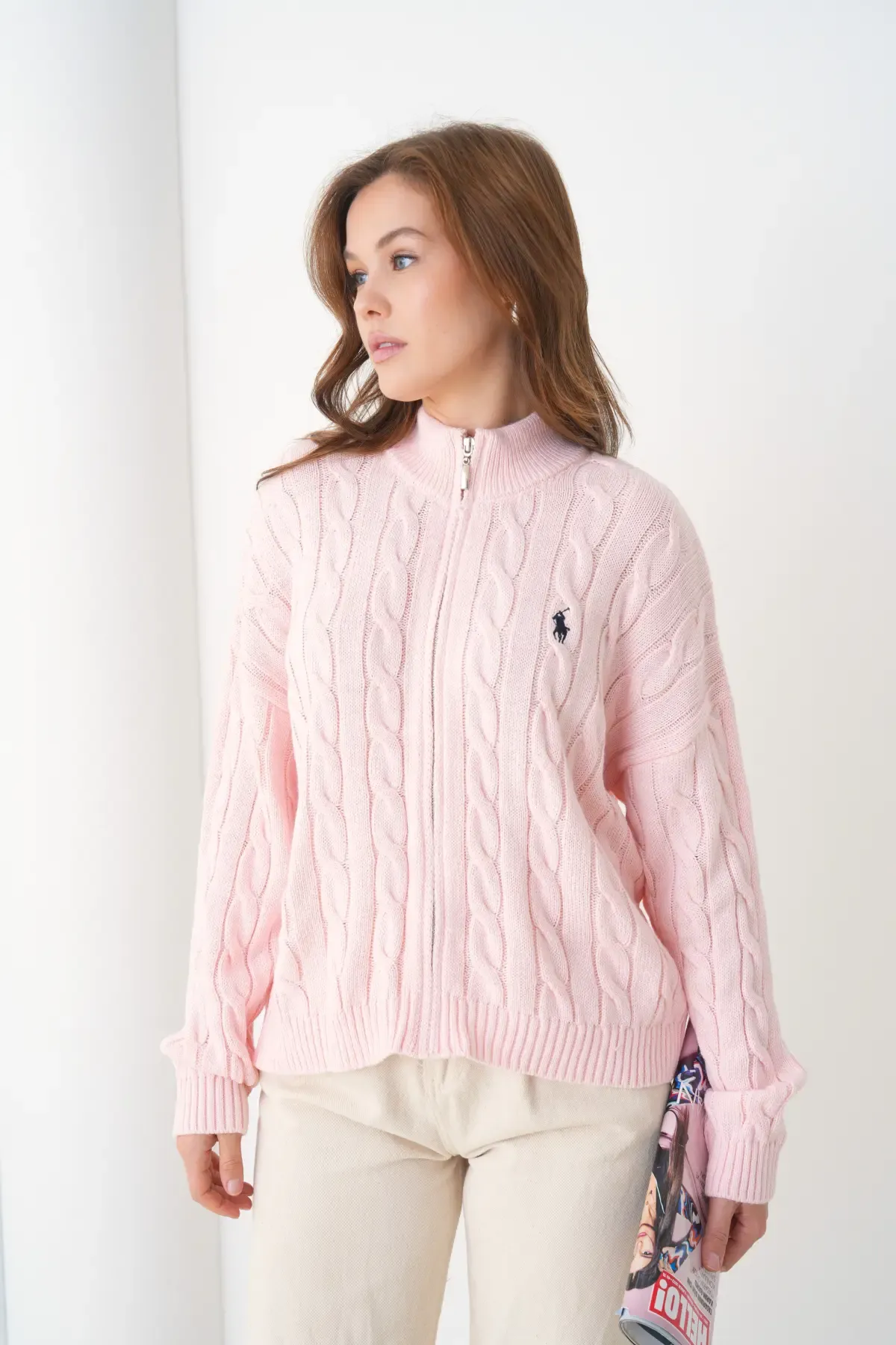 Kadın Dik Yaka Saç Örgü Fermuar Kapama  Triko Ceket 8687