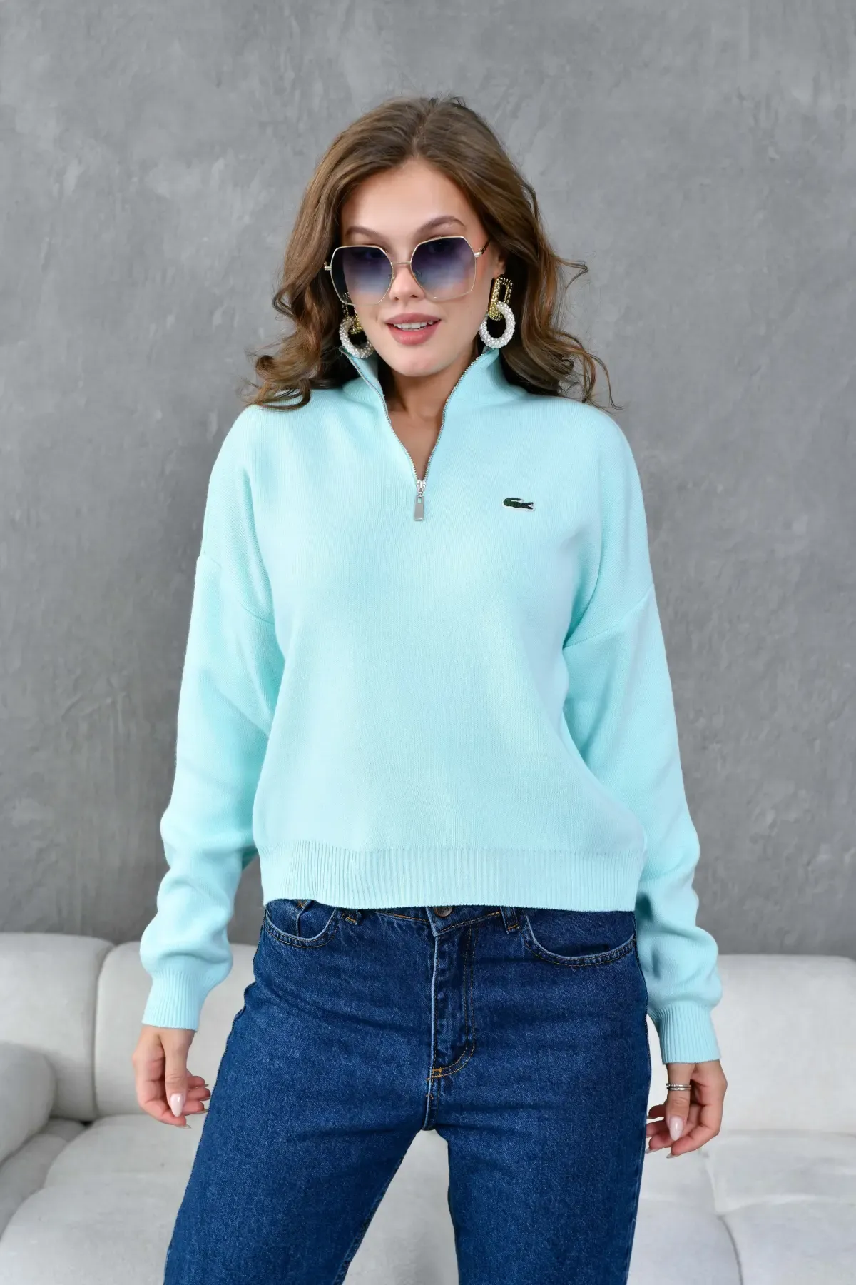 Kadın Dik Yaka Yarım Pat Fermuar Triko Kazak 10948