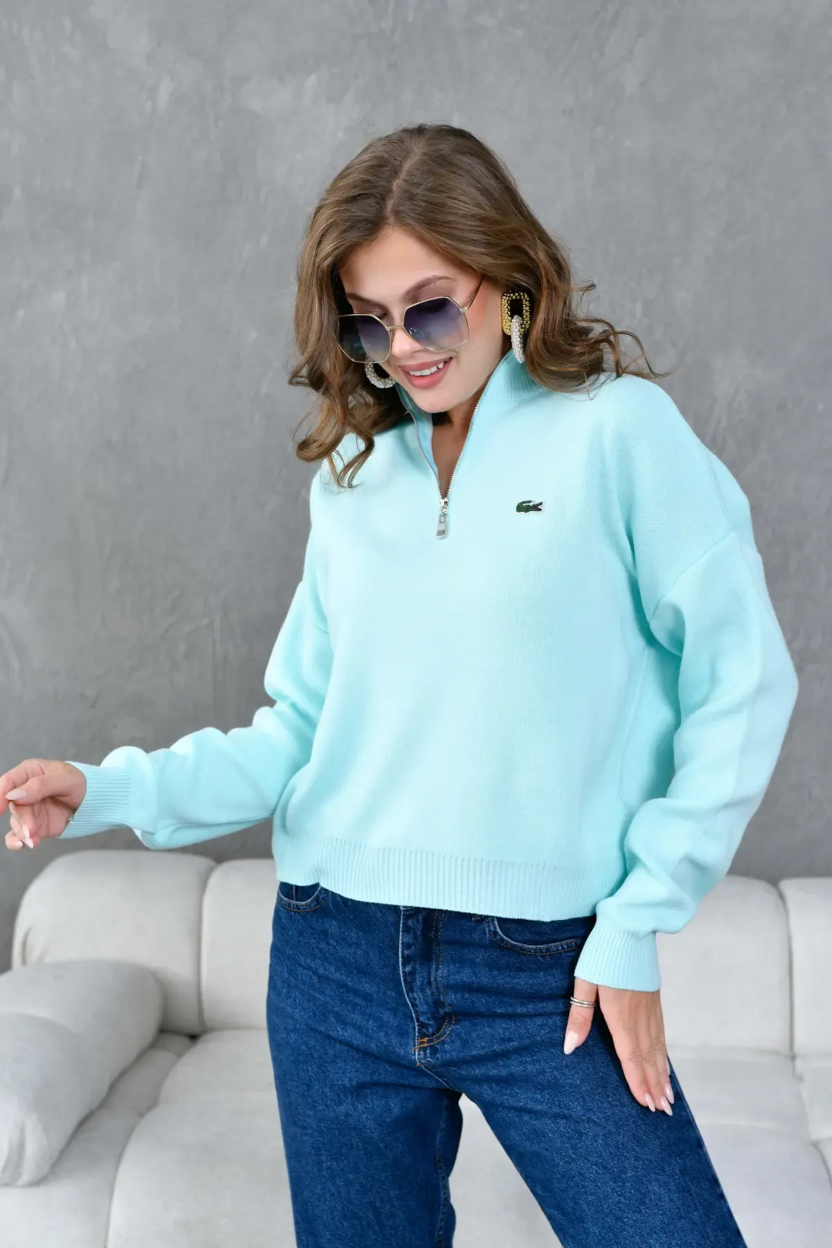 Kadın Dik Yaka Yarım Pat Fermuar Triko Kazak 10948