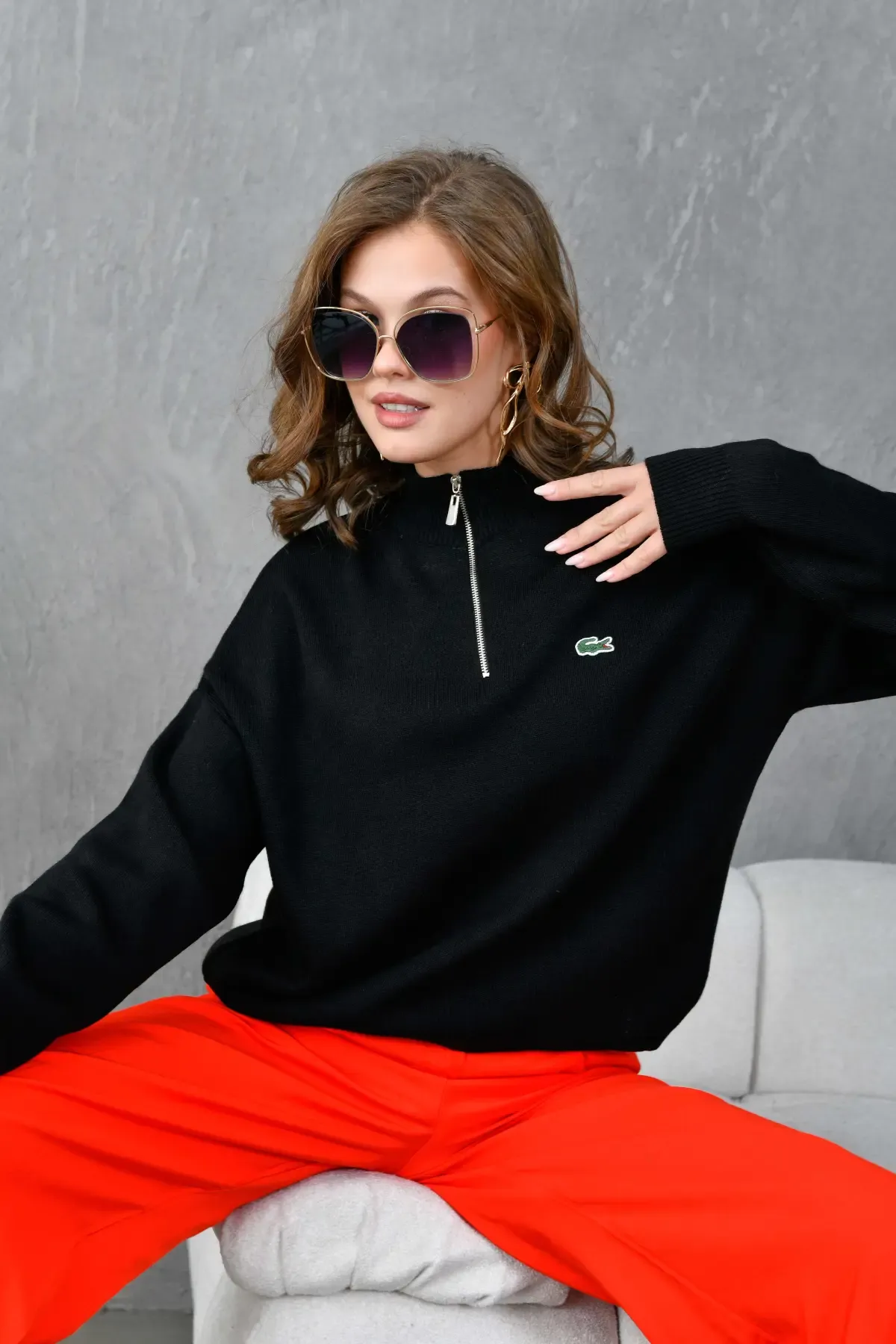 Kadın Dik Yaka Yarım Pat Fermuar Triko Kazak 10948