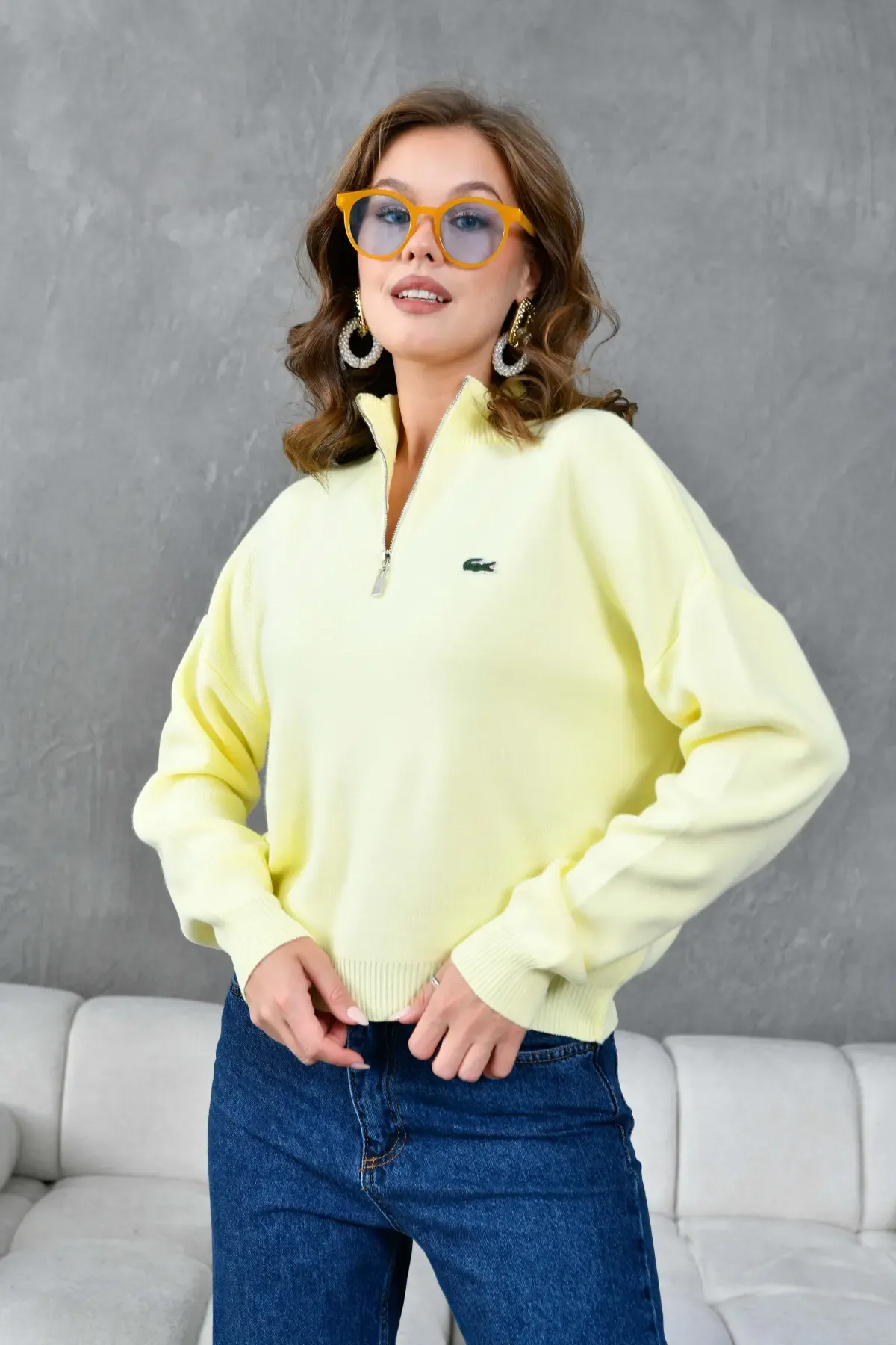 Kadın Dik Yaka Yarım Pat Fermuar Triko Kazak 10948