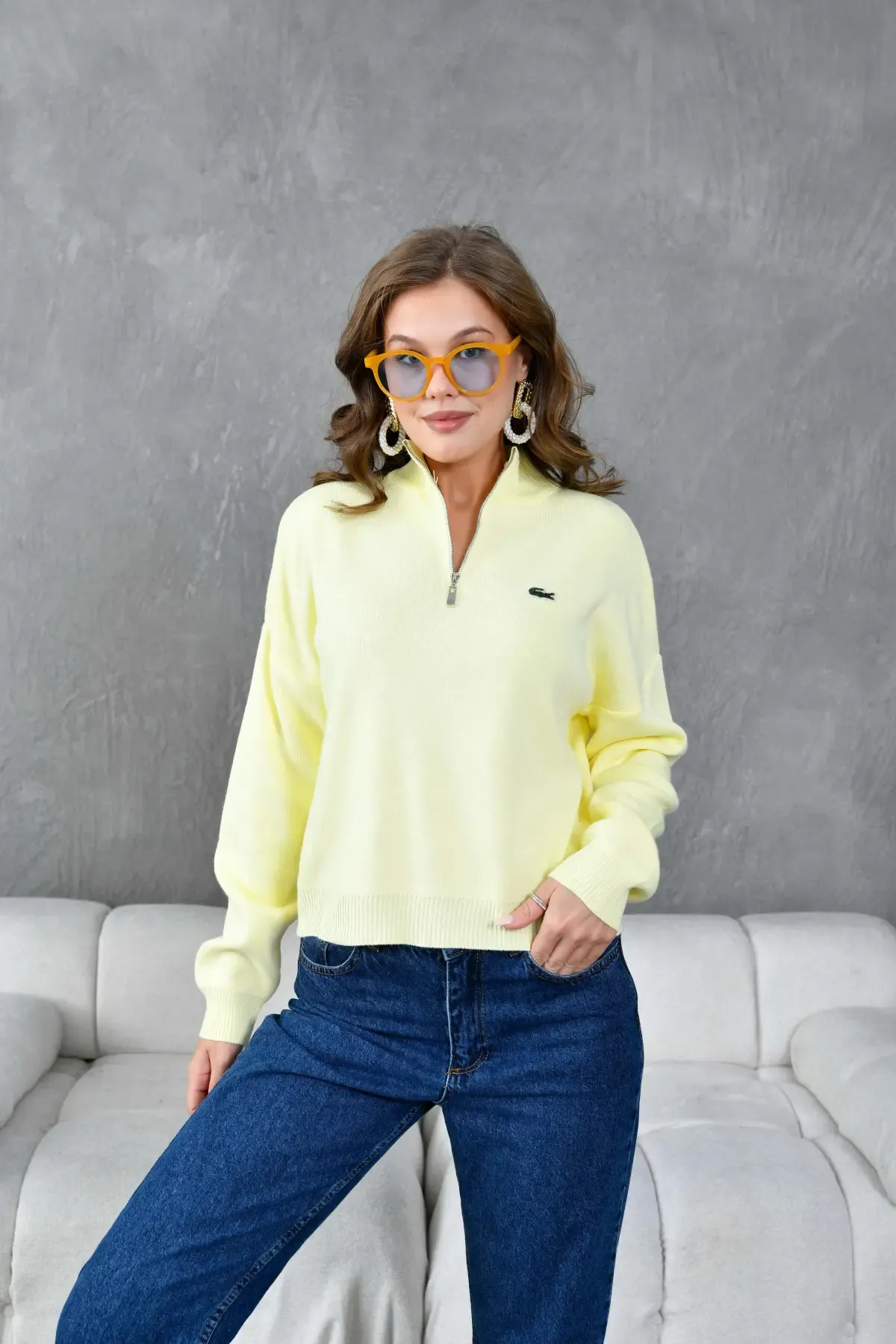 Kadın Dik Yaka Yarım Pat Fermuar Triko Kazak 10948