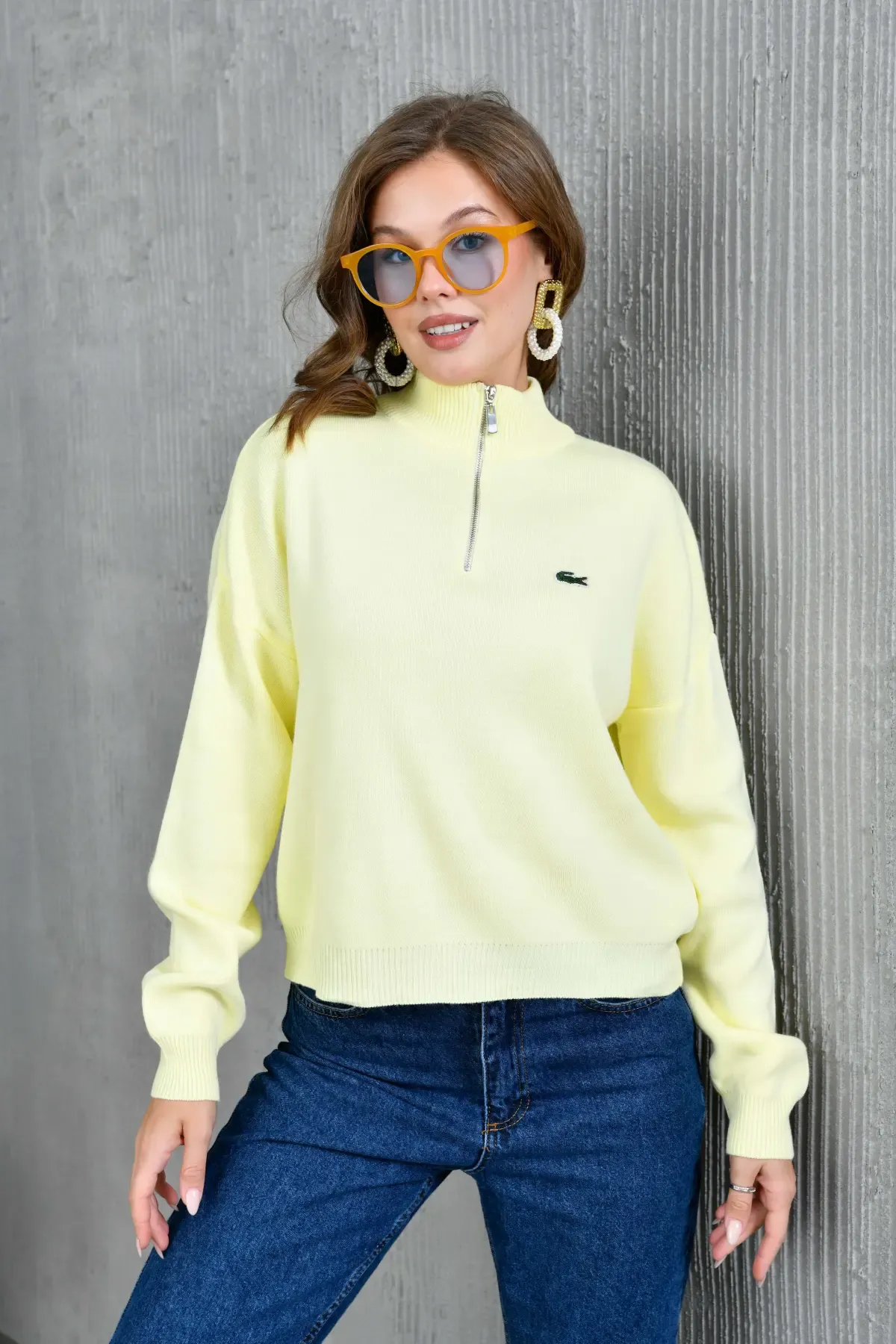 Kadın Dik Yaka Yarım Pat Fermuar Triko Kazak 10948