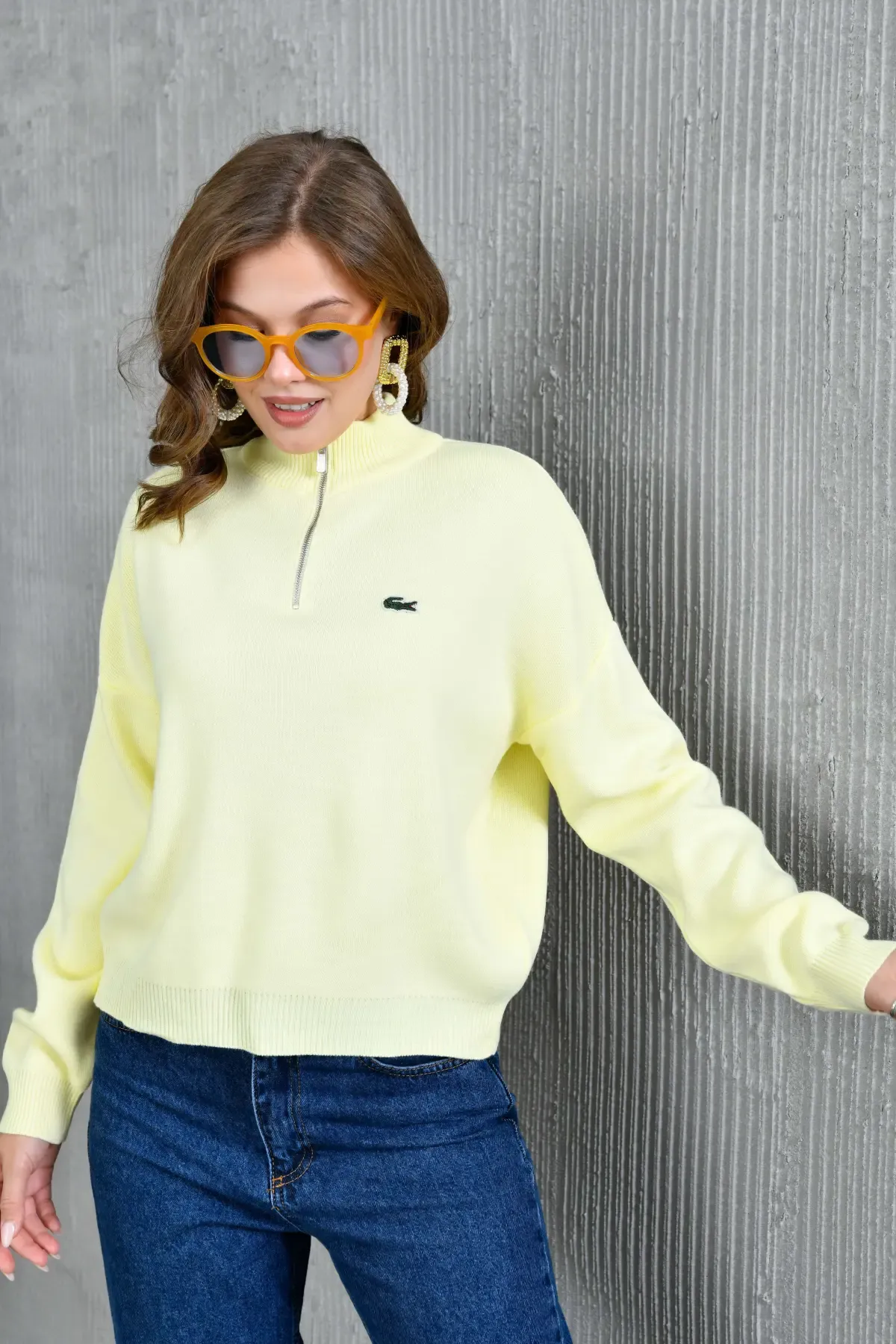 Kadın Dik Yaka Yarım Pat Fermuar Triko Kazak 10948