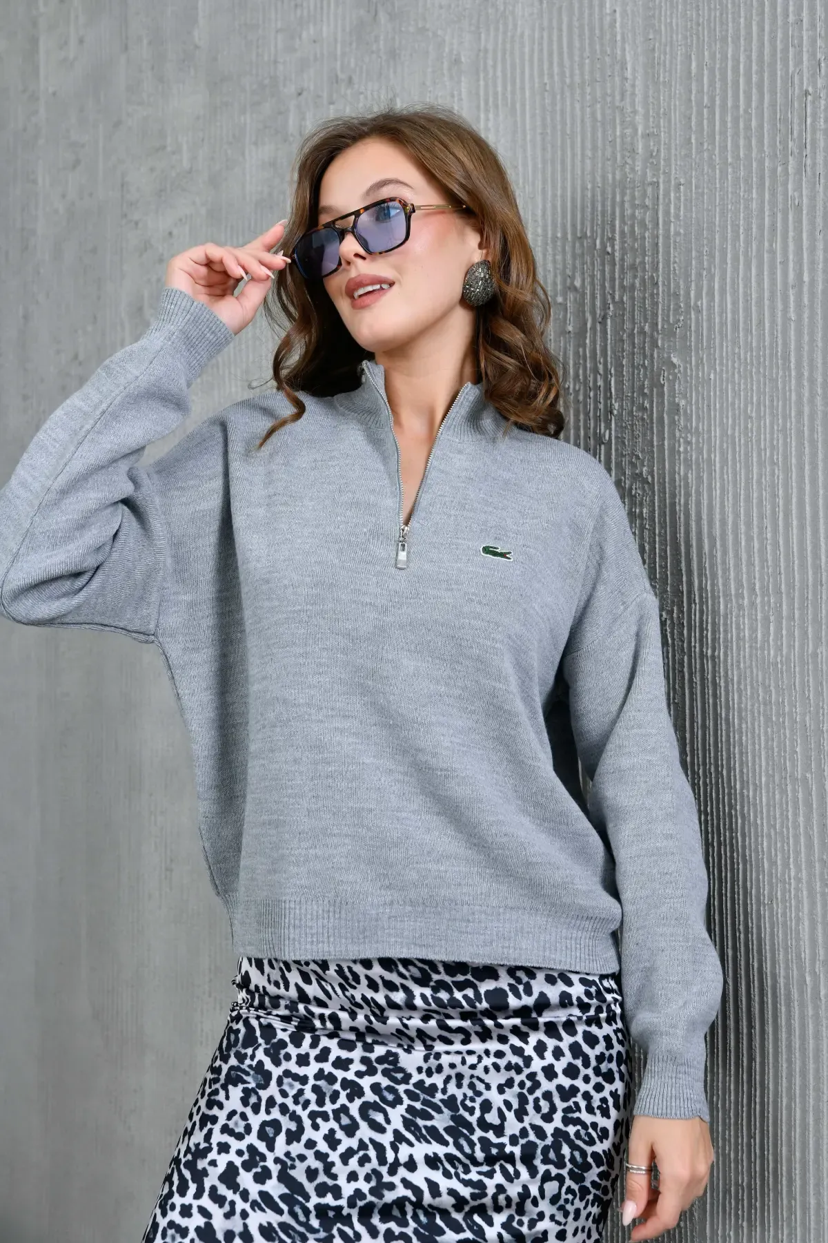 Kadın Dik Yaka Yarım Pat Fermuar Triko Kazak 10948