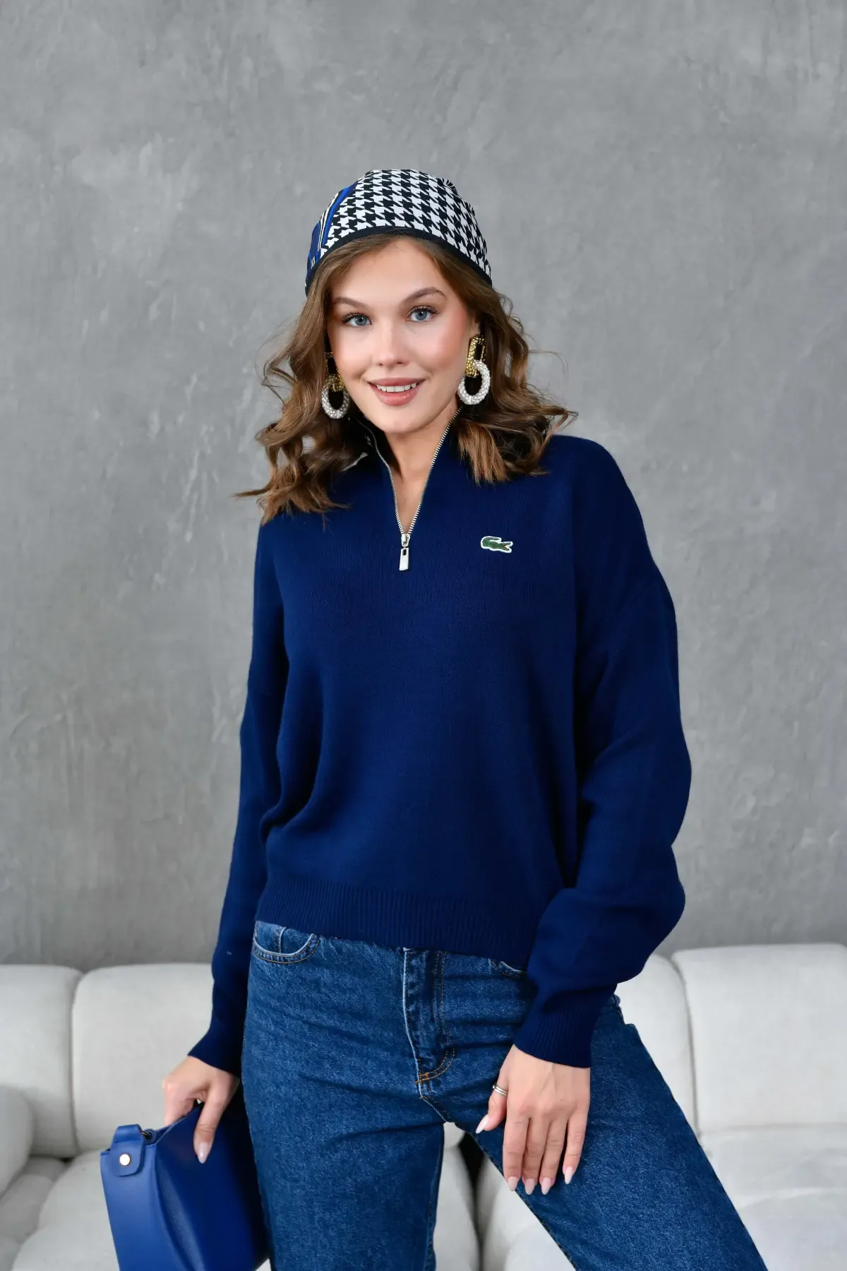 Kadın Dik Yaka Yarım Pat Fermuar Triko Kazak 10948