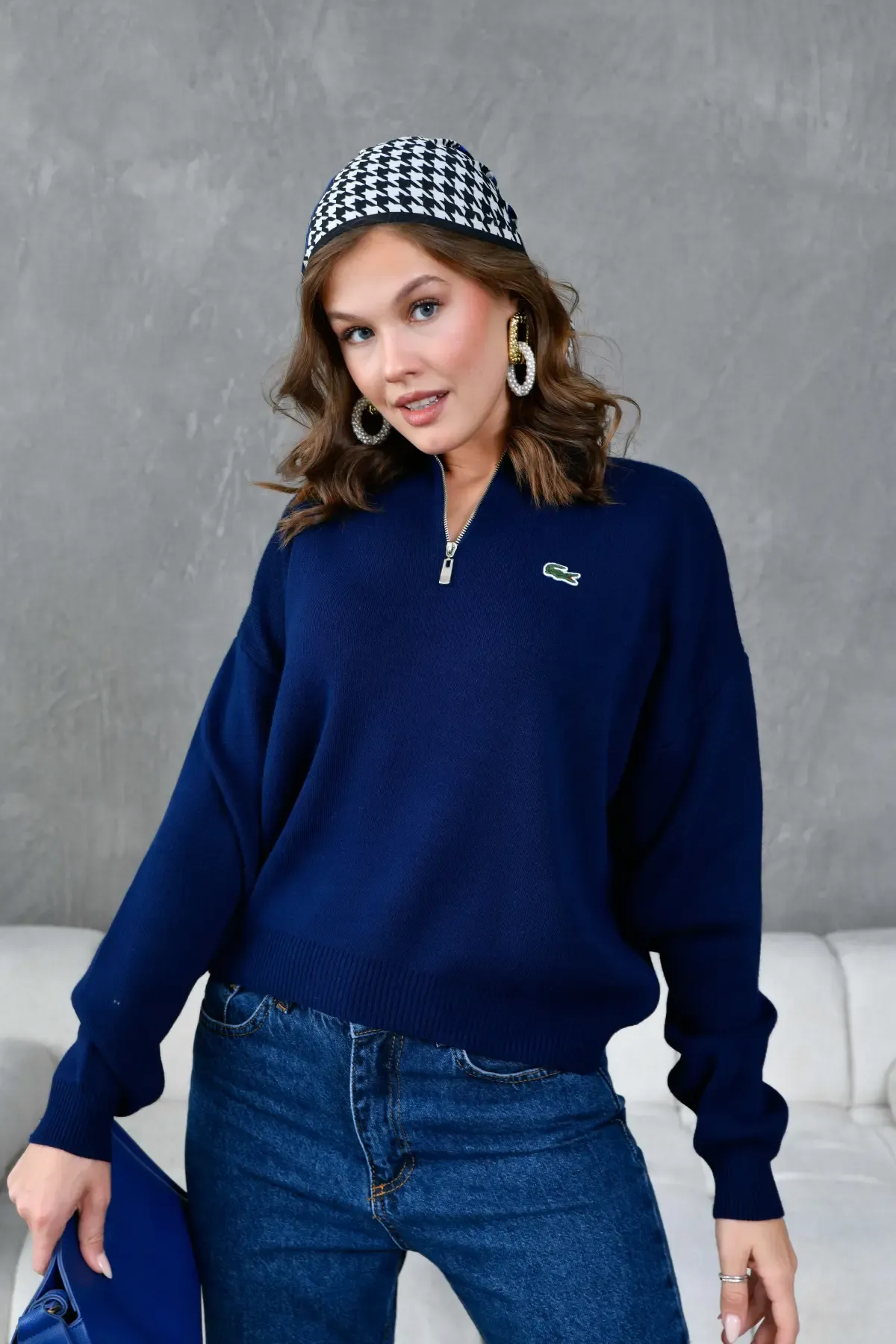 Kadın Dik Yaka Yarım Pat Fermuar Triko Kazak 10948