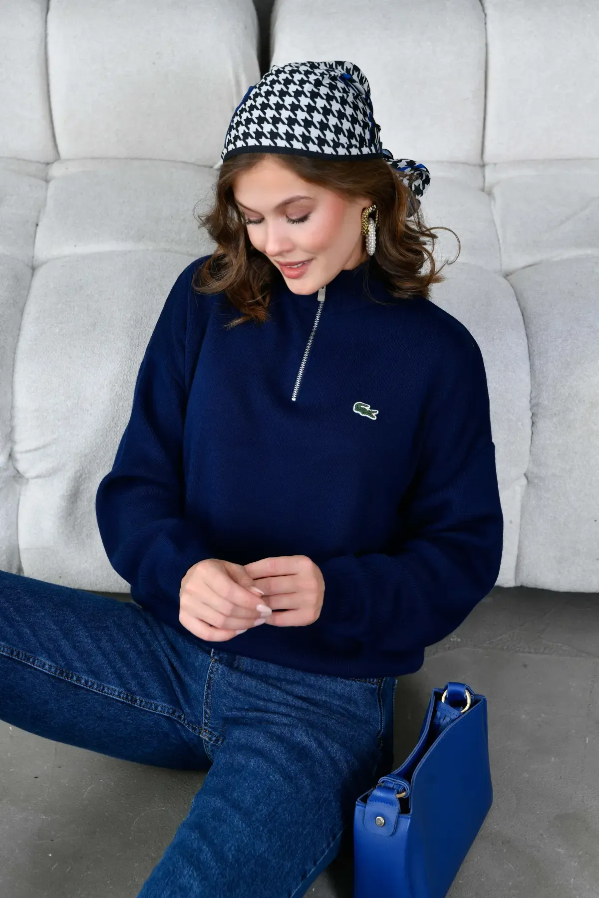 Kadın Dik Yaka Yarım Pat Fermuar Triko Kazak 10948