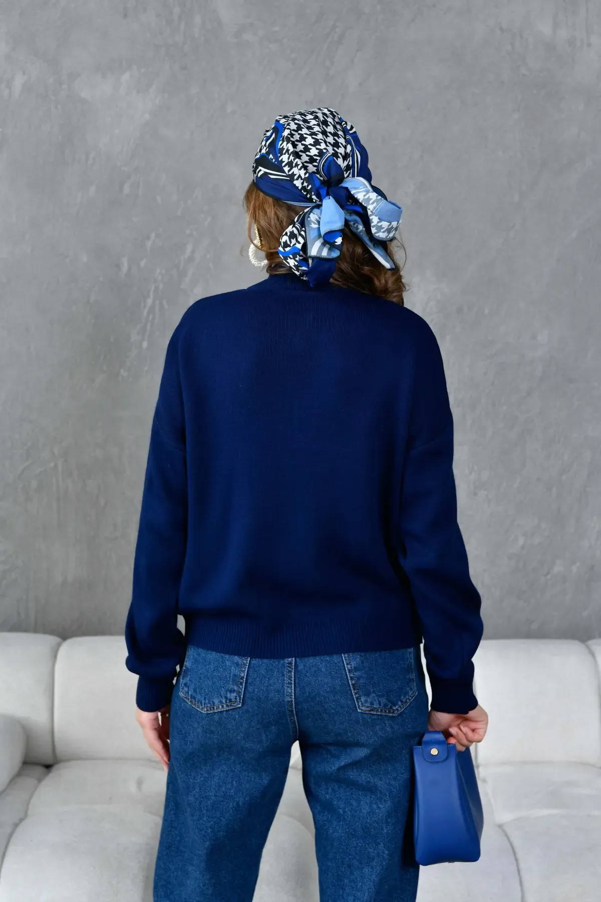 Kadın Dik Yaka Yarım Pat Fermuar Triko Kazak 10948