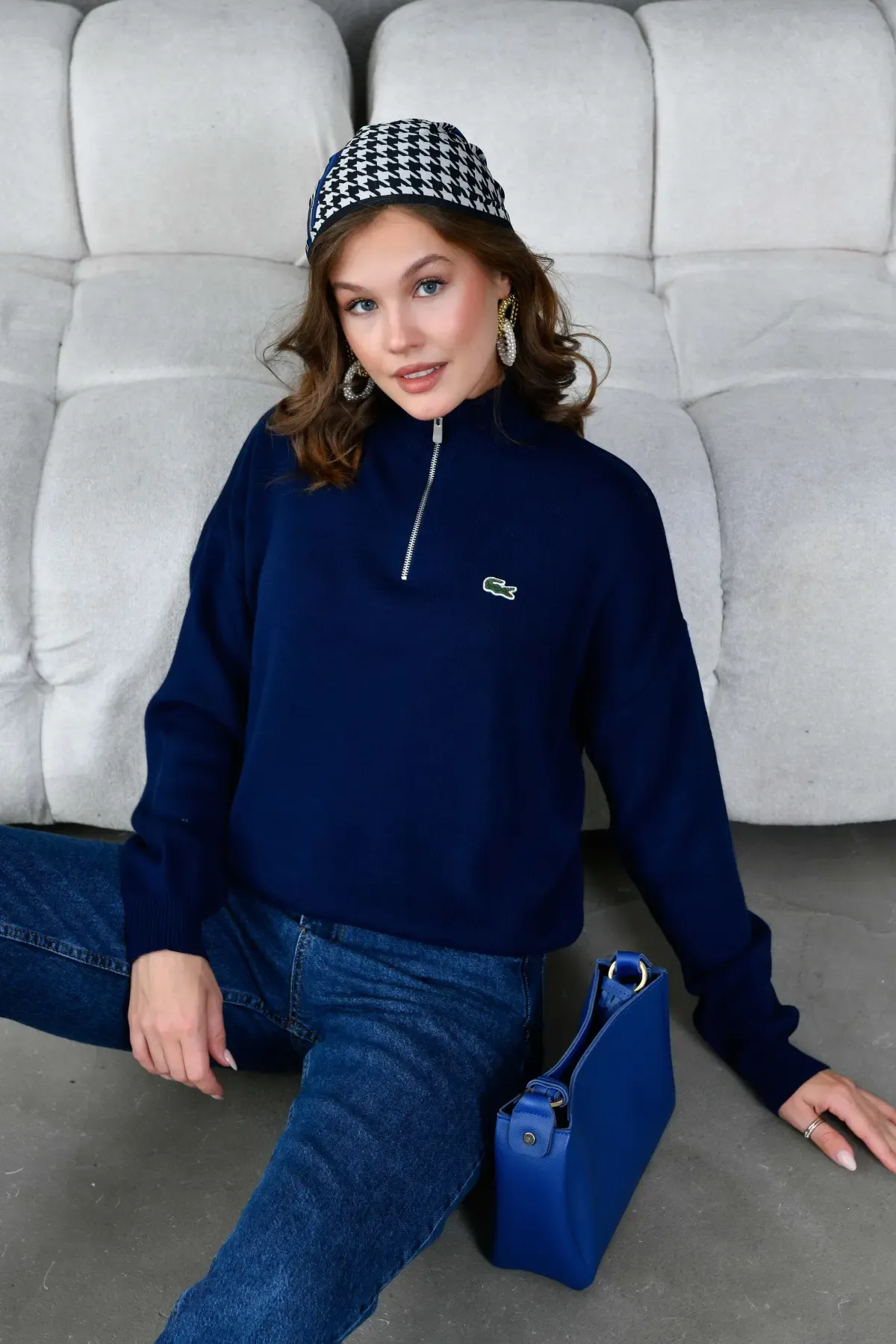 Kadın Dik Yaka Yarım Pat Fermuar Triko Kazak 10948