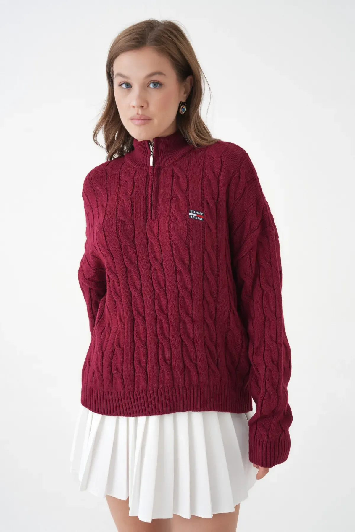 Kadın Dik Yaka Yarım Pat Fermuar Triko Kazak 8635