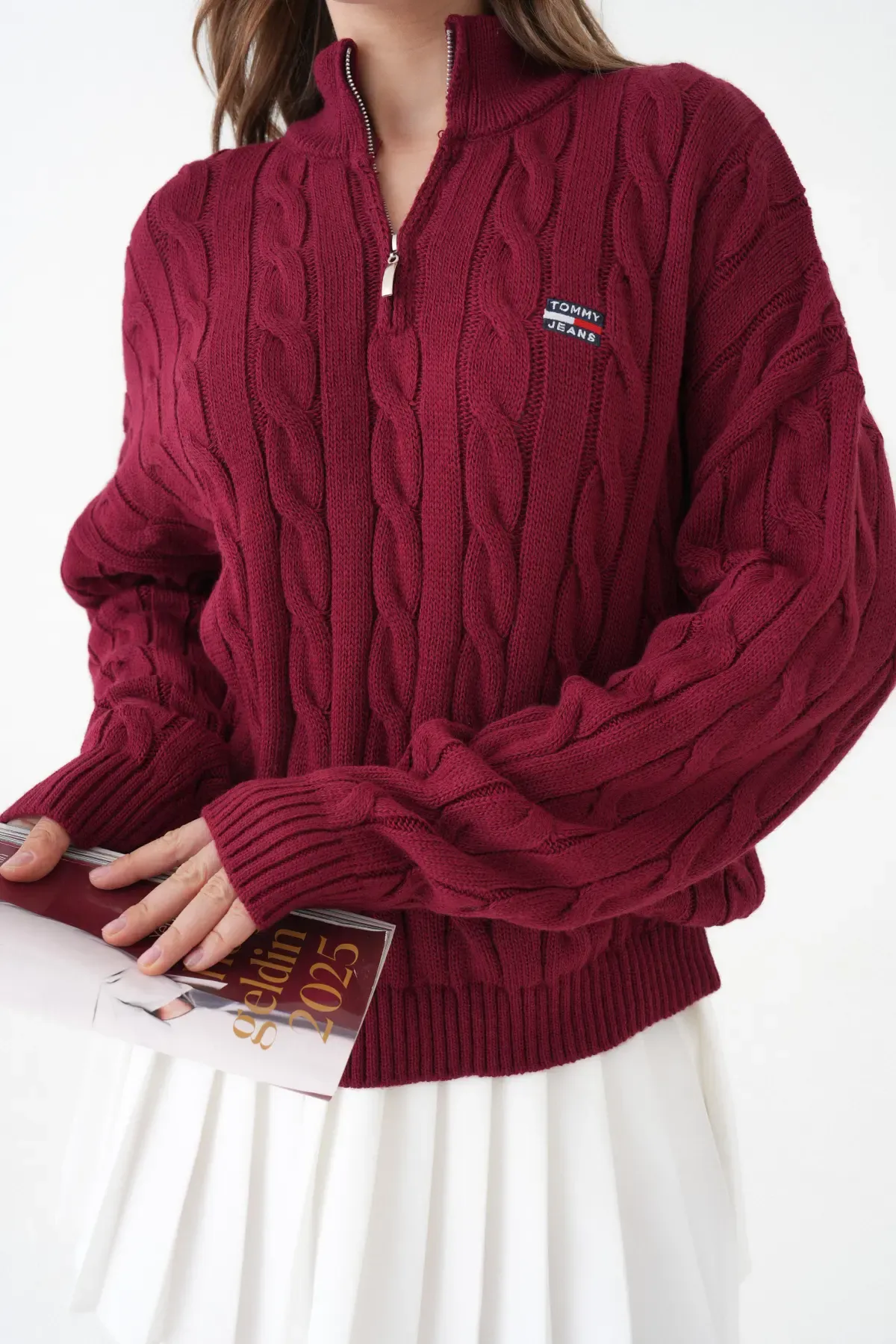 Kadın Dik Yaka Yarım Pat Fermuar Triko Kazak 8635