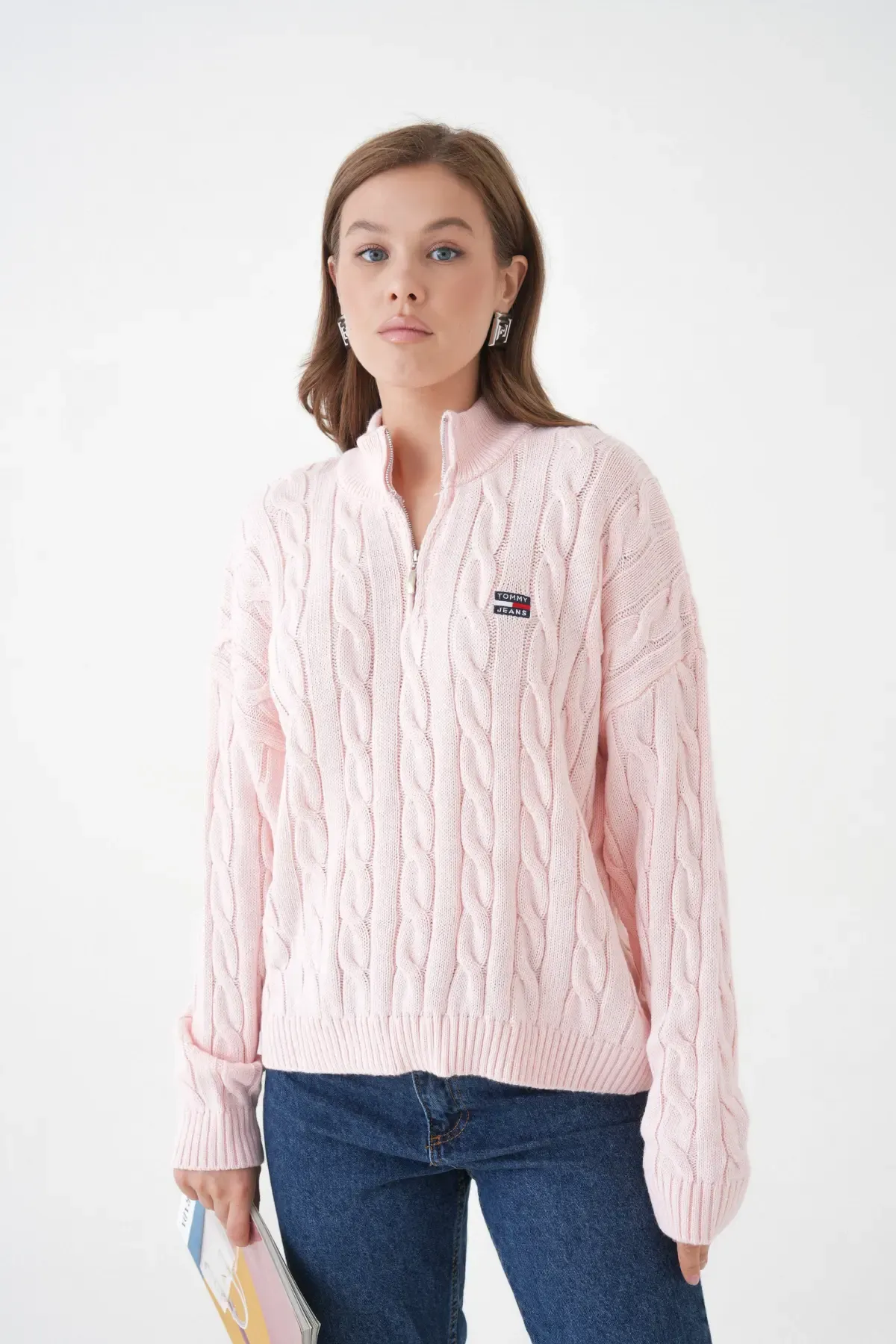 Kadın Dik Yaka Yarım Pat Fermuar Triko Kazak 8635