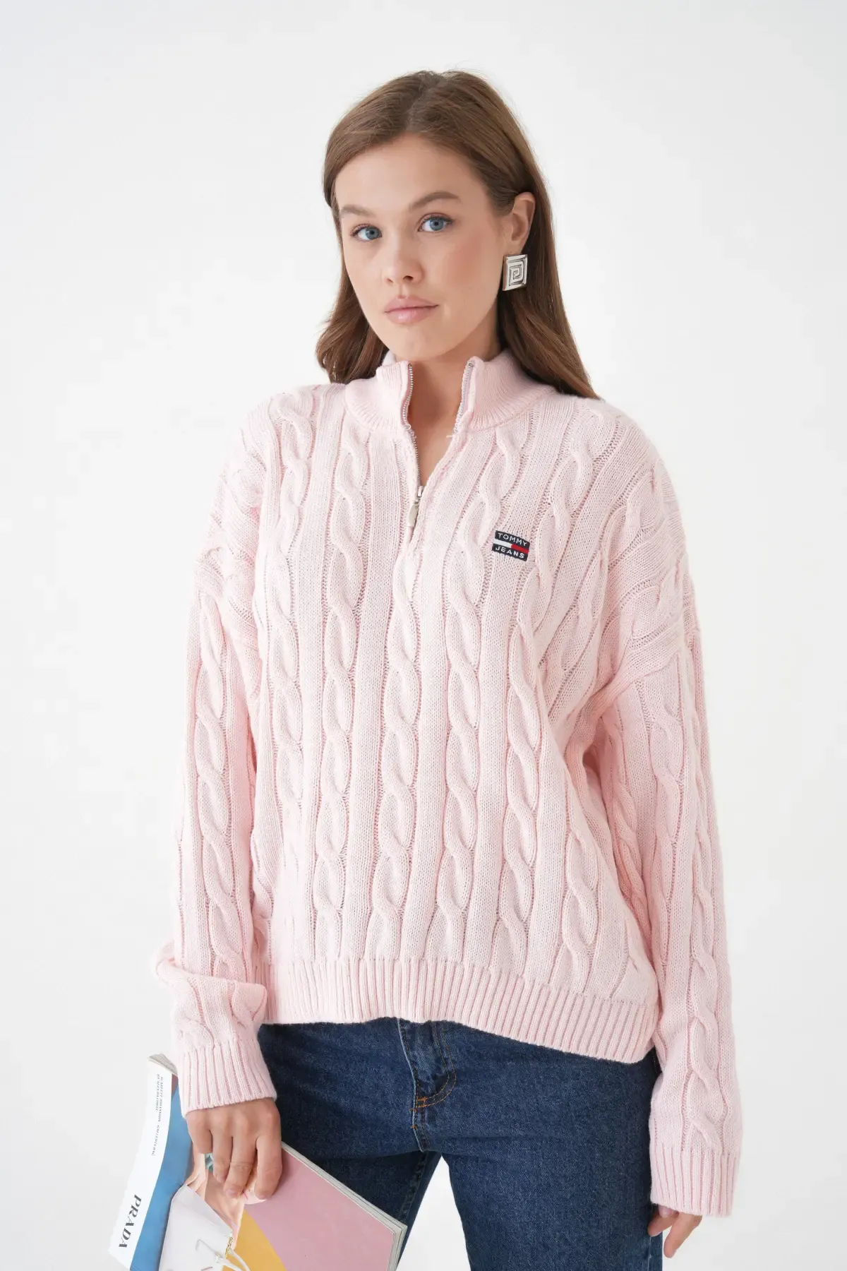 Kadın Dik Yaka Yarım Pat Fermuar Triko Kazak 8635