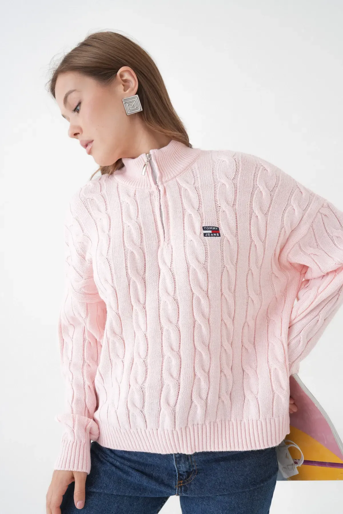 Kadın Dik Yaka Yarım Pat Fermuar Triko Kazak 8635