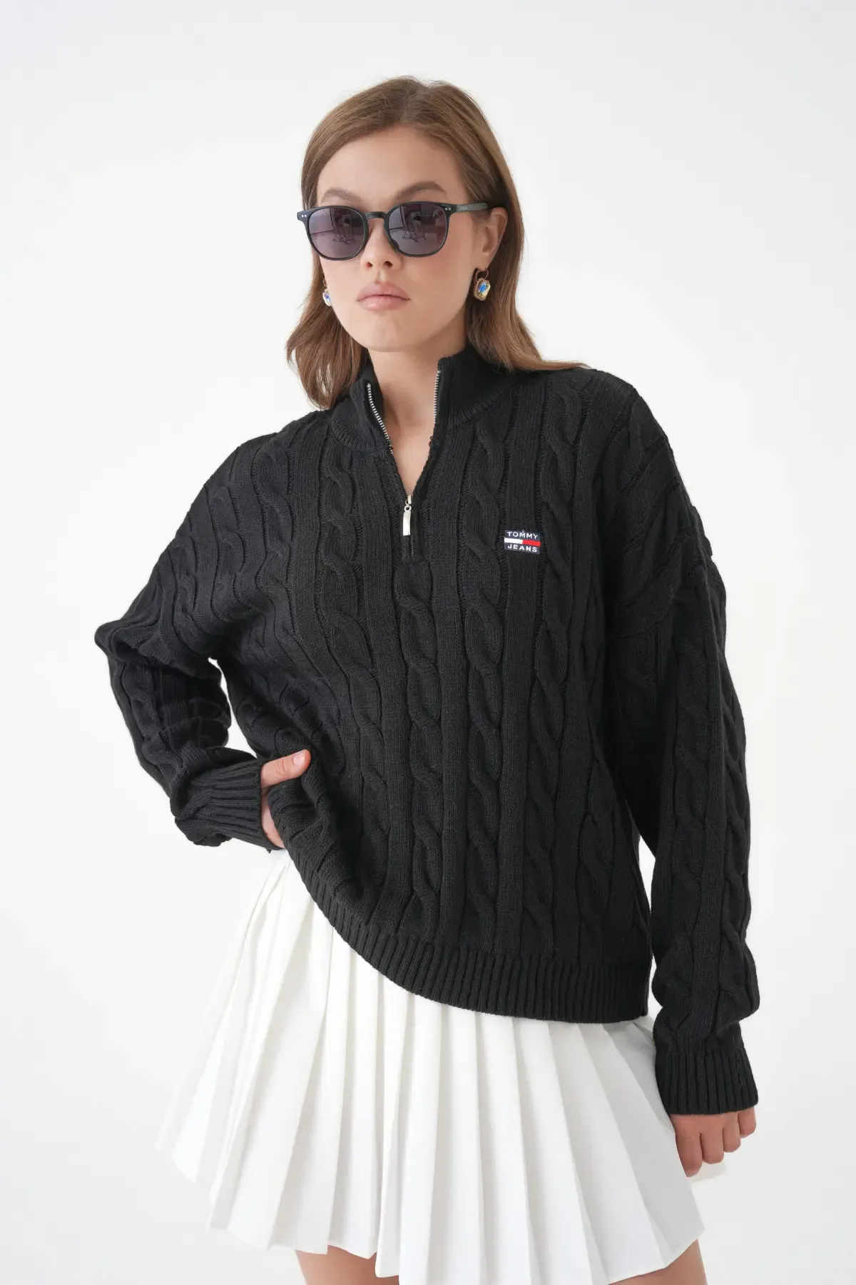 Kadın Dik Yaka Yarım Pat Fermuar Triko Kazak 8635